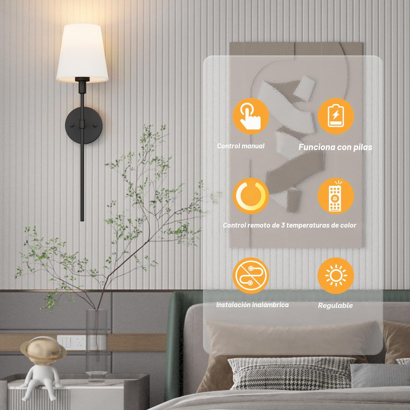 Aipsun 2 PCS 5500mAh Lámpara de pared de la batería con pantalla de tela blanca, Regulable, Aplique de Pared Interior Sin Cable con mando a distancia, para dormitorio, cuarto de baño(Negro)