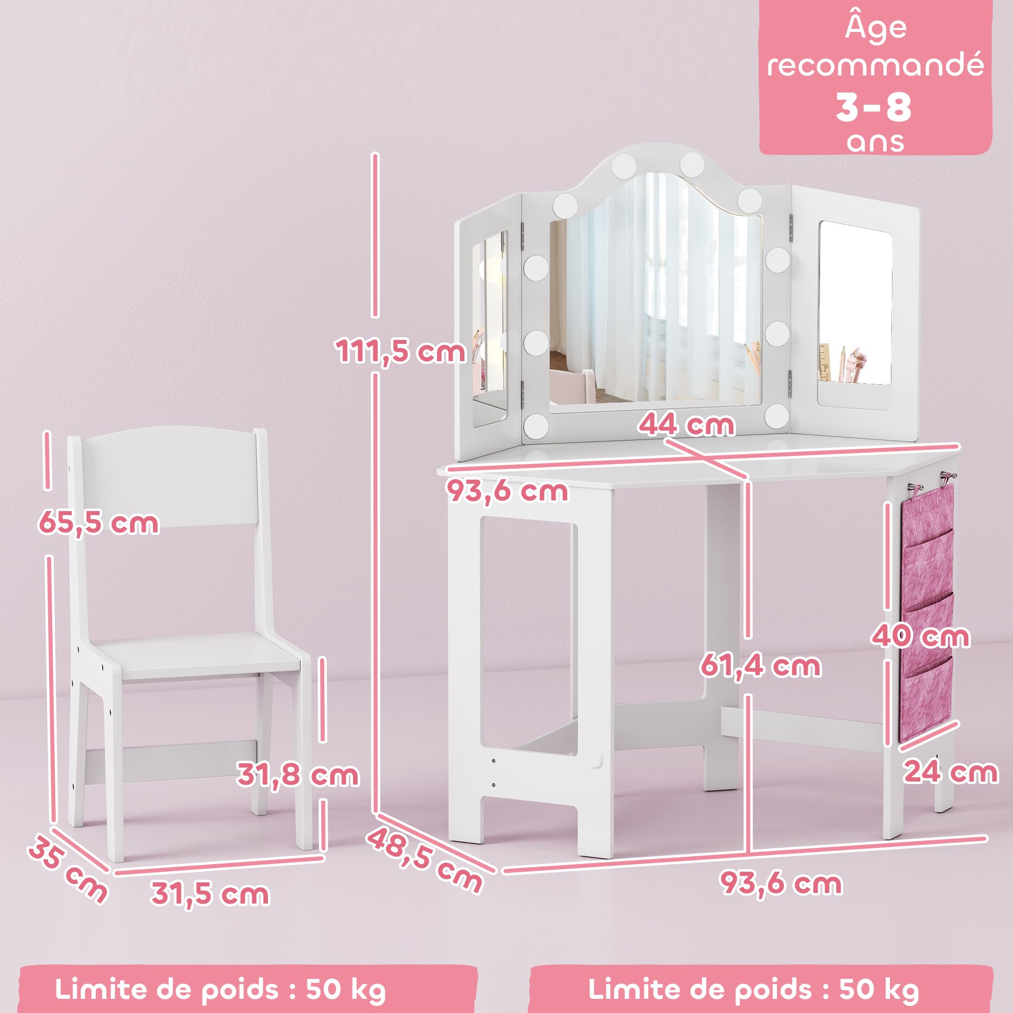 AIYAPLAY Coiffeuse Enfant 2 en 1 avec Tabouret, Bureau Fille avec Miroir triptyque et lumières LED Bicolores, Pochette de Rangement latérale, Table de Maquillage pour Enfants de 3 à 8 Ans, Blanc