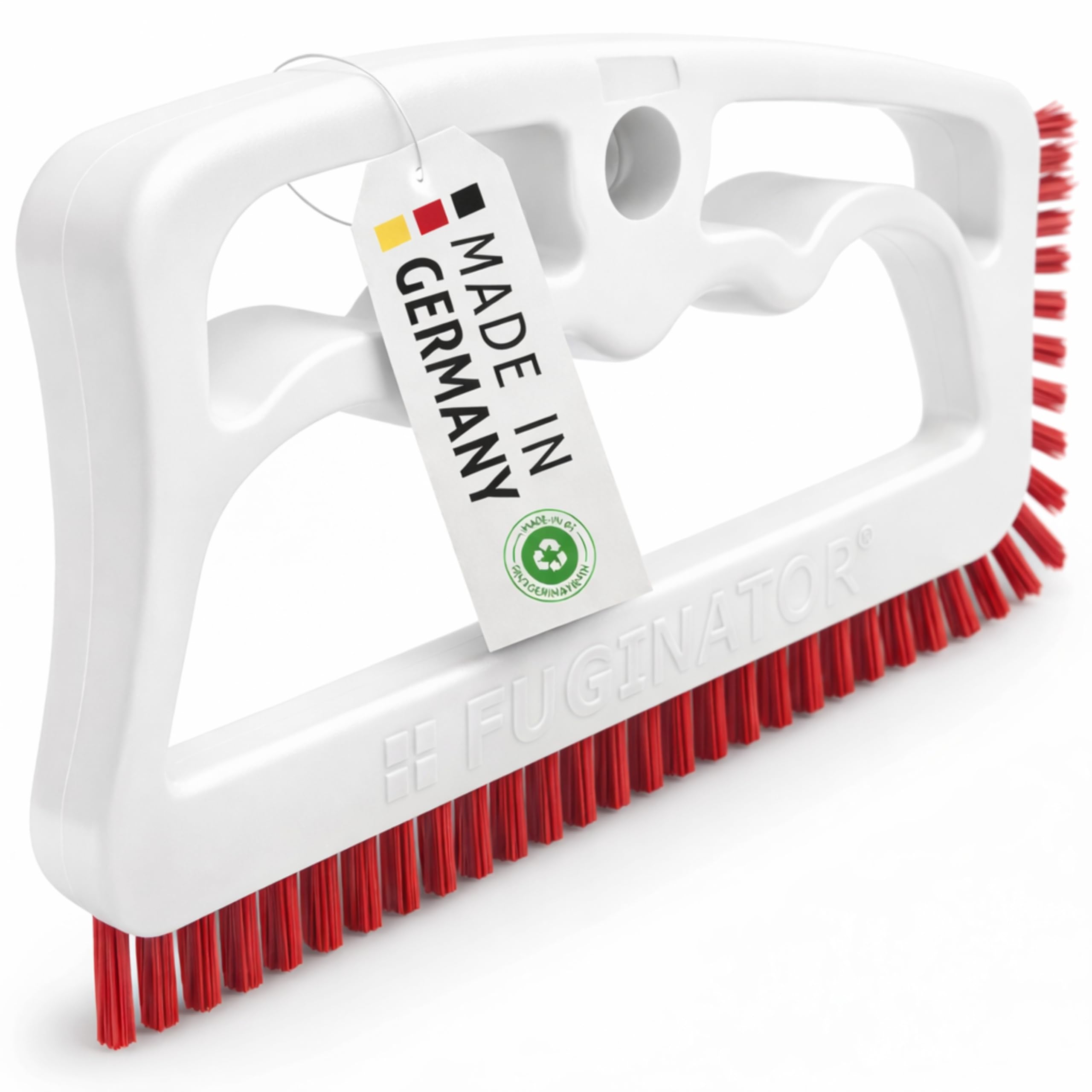 FUGINATOR® Grout Brush White/Red - Ergonomic Heavy Duty Cleaning Brush for Bathroom, Shower & Kitchen - Deep Detail Scrubber for Wall & Floor Tiles, Crevices & Tight Spaces - Made in Germany
