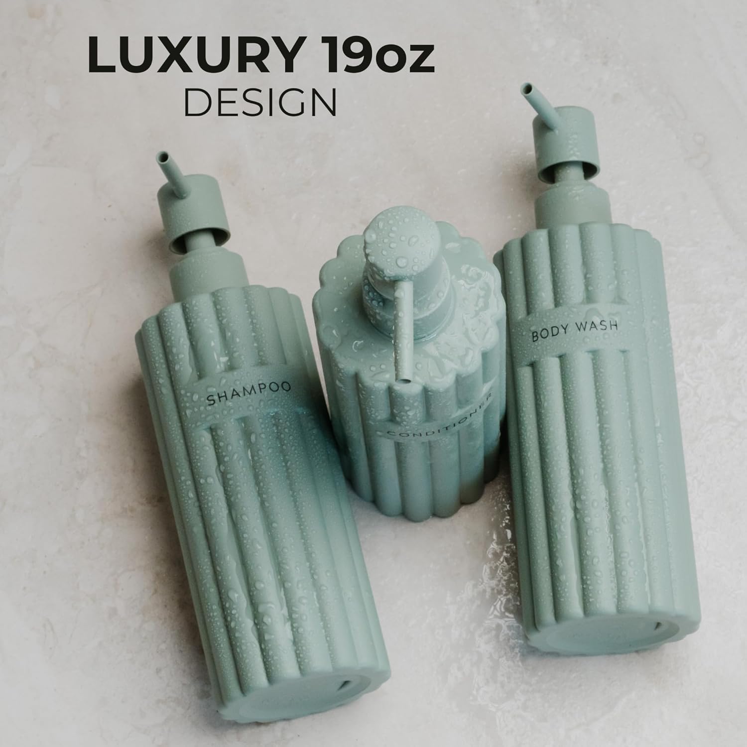 Stylish Shampoo and Conditioner Dispenser Set of 3 - Modern 19oz Shower Soap Bottles with Pump and Labels - Easy to Refill Body Wash Dispensers for an Instant Bathroom Decor Upgrade - Image 3