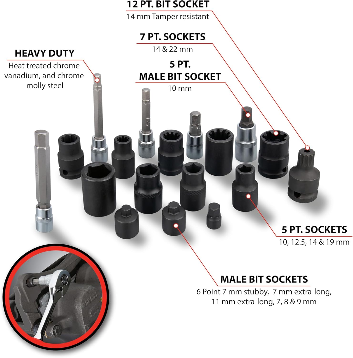Performance Tool W86025 Brake Caliper Bit and Socket Set - Complete Coverage for Domestic, Euro and Asian Vehicles