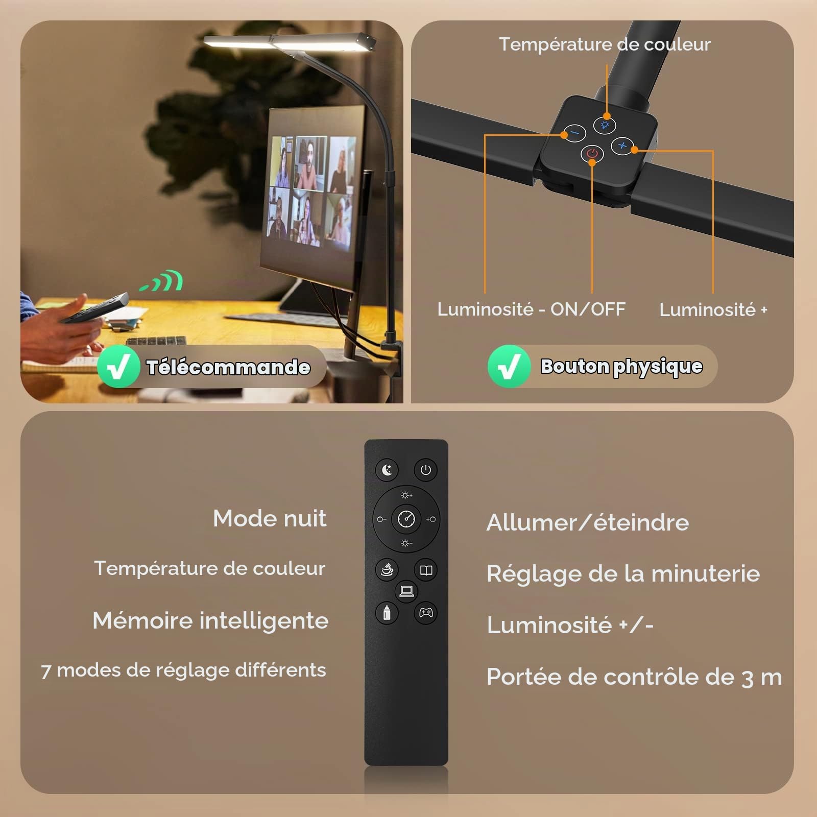 Lampe De Bureau LED, Lampe De Table Télécommandée 100 Modes D'éclairage Lampe De Lecture Pour Livres Avec Pince Pour La Maison, Le Bureau Et La Chambre Avec Col De Cygne Flexible, Noir