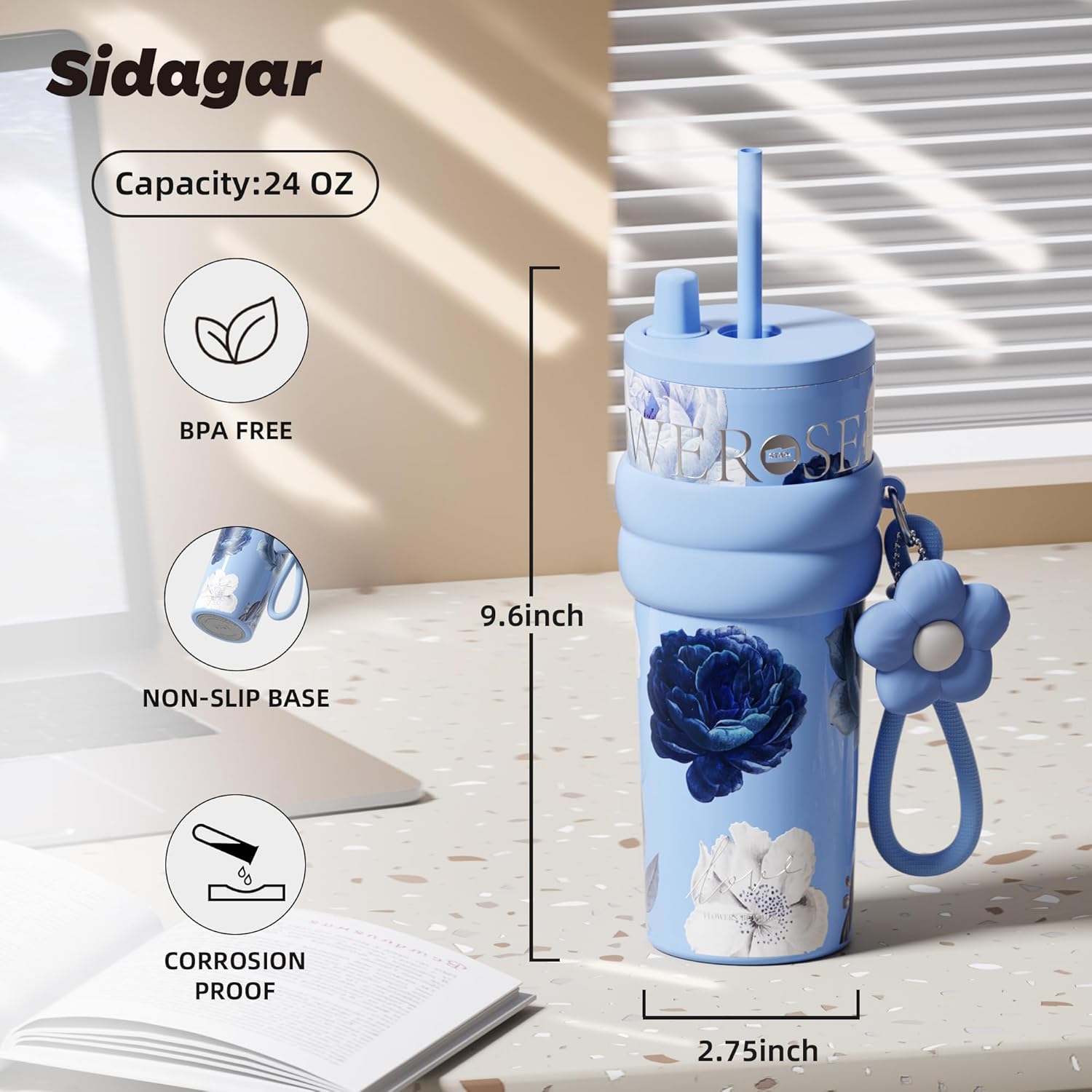 24 oz Stainless Steel Tumbler with Lid and Straw, Insulated Coffee Mug, Leak Proof, Portable Iced Travel Water Bottle, Reusable Thermal Coffee Cup, Floral Blue - Image 2
