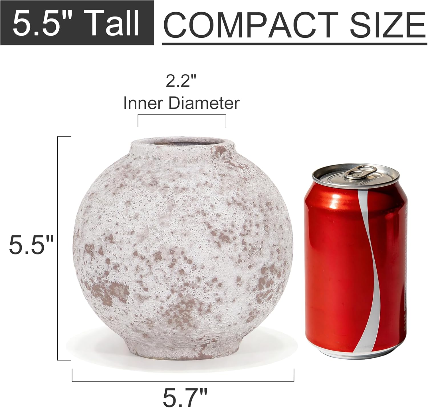 Ceramic Flower Vase 5.5 Inches, Round Textured Handmade Vase for Home Decor, Living Room Shelf Table Centerpiece