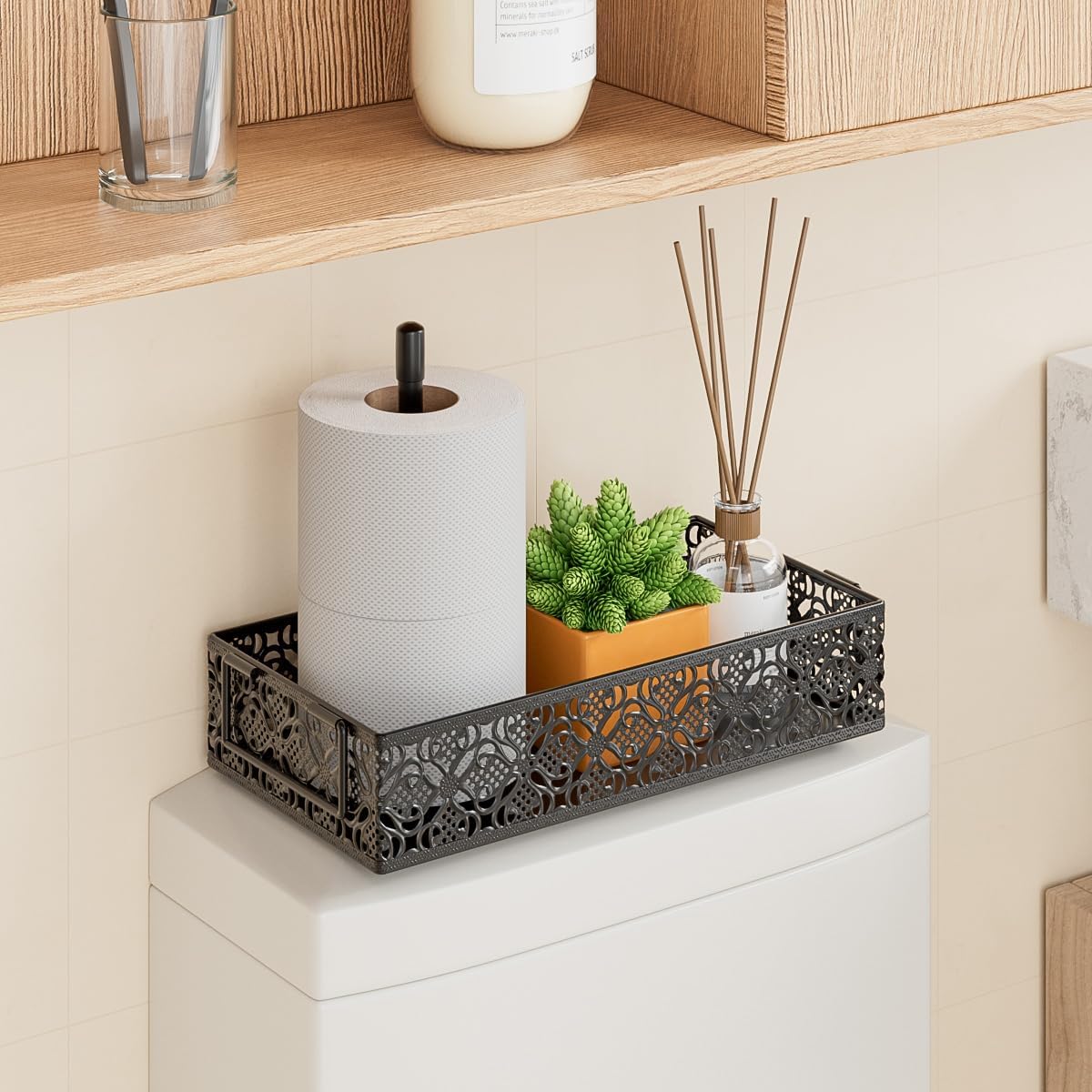 Toilet Tank Topper Paper Basket - Basket Decor Box with Magnetic Paper Towel Holder for Restroom Bathroom (Black) - Image 2