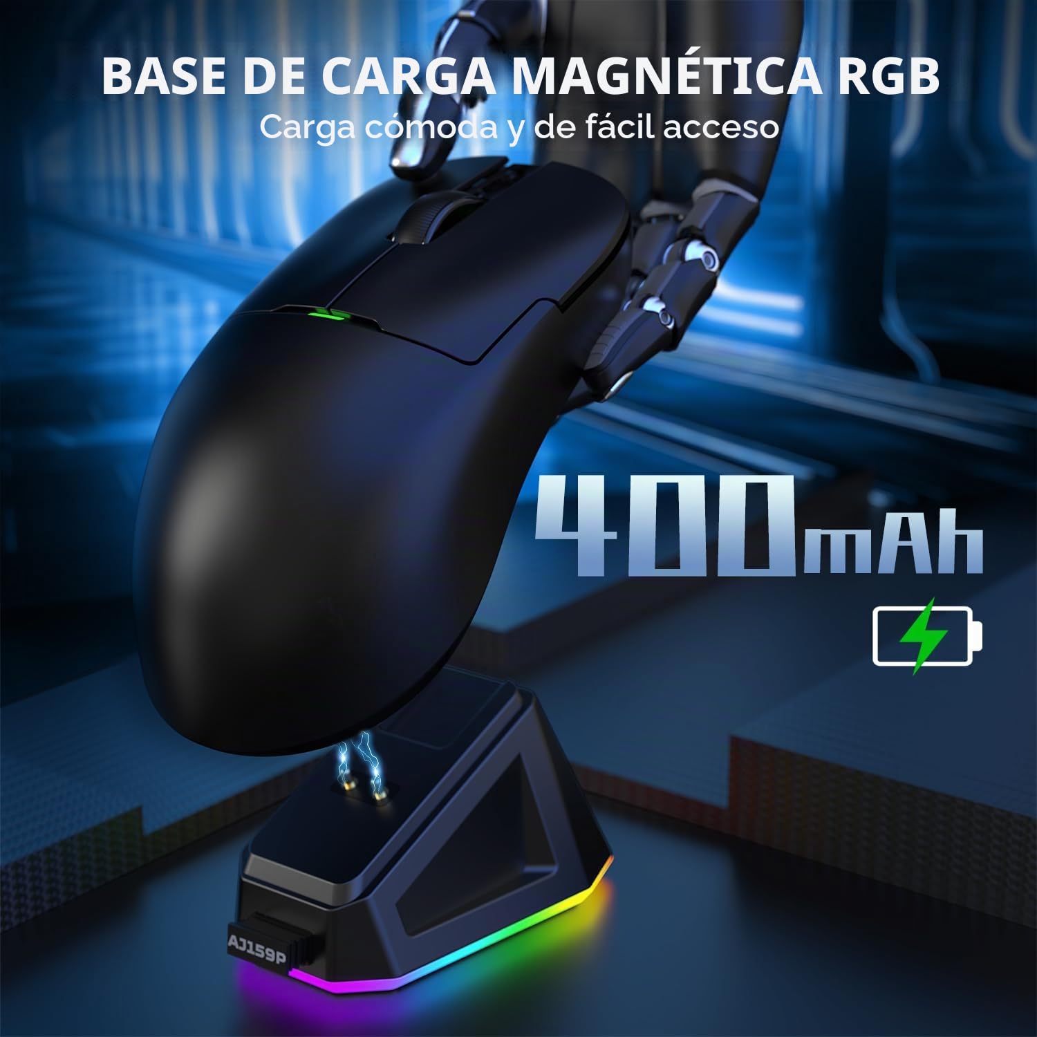 AJAZZ AJ159P Superlight Ratón de Juego Inalámbrico con Muelle de Carga Magnética, Ultra Luz 56G, Pixart Paw3395 Sensor, 26000 DPI, 2.4GHz/USB-C Cableado, 6 Botones Programables, para PC/Mac (Negro)