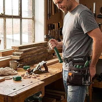WrightFits Tool Pouches with Multi Pockets | Leather Tool Belt Pouch | Hammer Holder and Nail Pouch Organiser for Builders, Carpenters, Gardeners, Electricians- Dark Brown