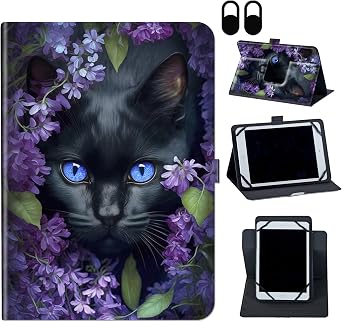 Case for TECLAST P20HD/ M40/ M40 Pro /M40 Plus 10.1 inch,Mxfdegf 360 Degree Rotating Stand and Magnetic Closure Case for TECLAST P20HD/M40/M40 Pro 10.1 inch Tablet,Cute Black Cat Flower