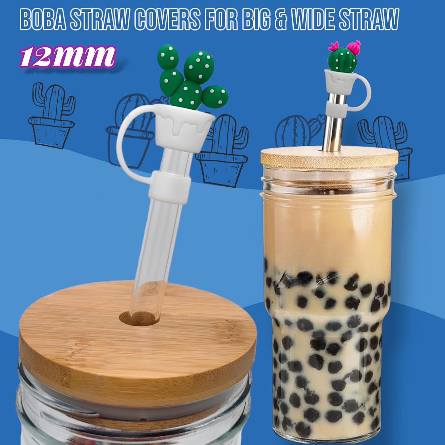4PCS Large Straw Covers for Boba Straws, 12mm & 14mm Smoothie Jumbo Silicone Straw Tips Topper Caps for Glass Boba Wide Large Straws (12mm &14mm_Daisy)