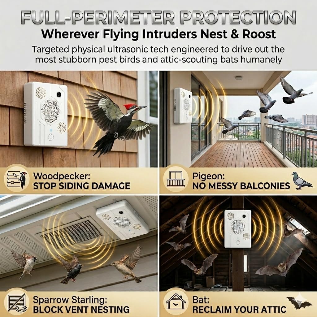 4Pack Upgraded Bat Deterrent Devices & Ultrasonic Bird Repellent Outdoor Rechargeable Woodpecker Deterrent for House Pigeon Repellent to Keep Birds Bats Out of Attic Porch Balconies Indoor