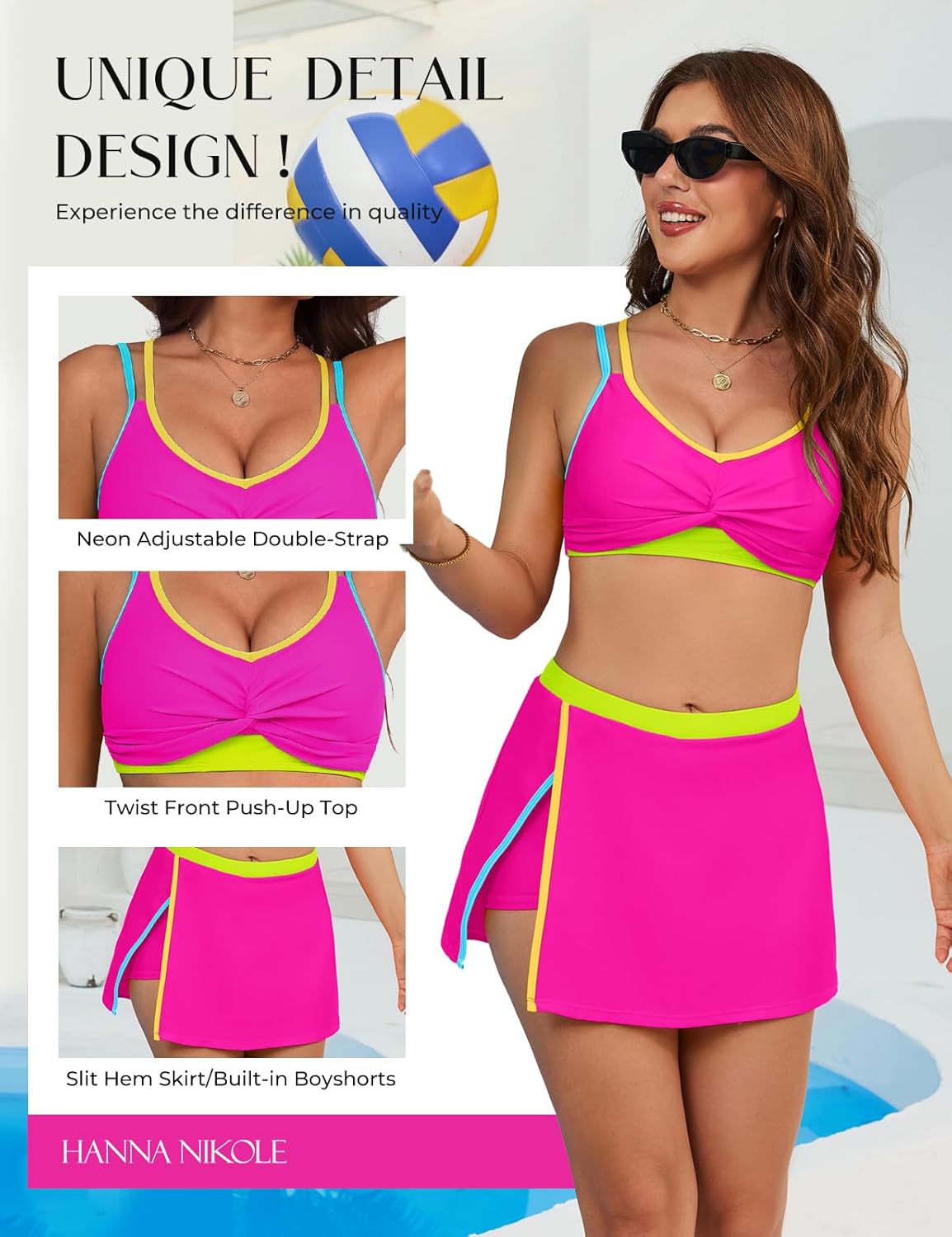 Hanna Nikole Womens High Waisted Bikini Sets Neon, 2 Piece Swimsuit 2026 Tummy Control, Sporty Bathing Suit with Skirt