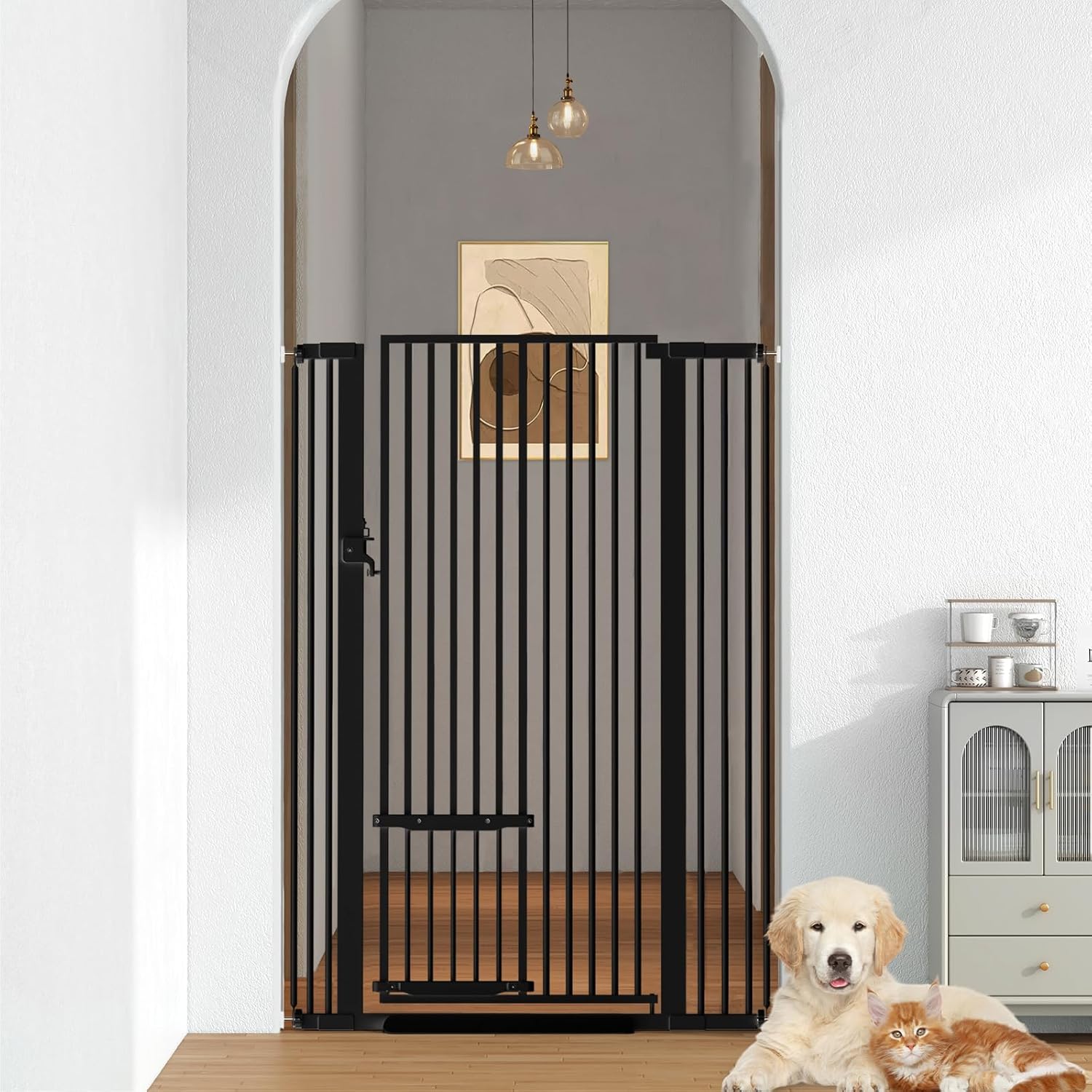 Extra Tall 55" Cat Gates for Doorway - 30"-39.5" Extra Tall Pet Gate with Adjustable Cat Door, Pressure Mounted Easy Walk Through Metal Baby Gate for Stairs, Doorway, Kitchen, Hallway