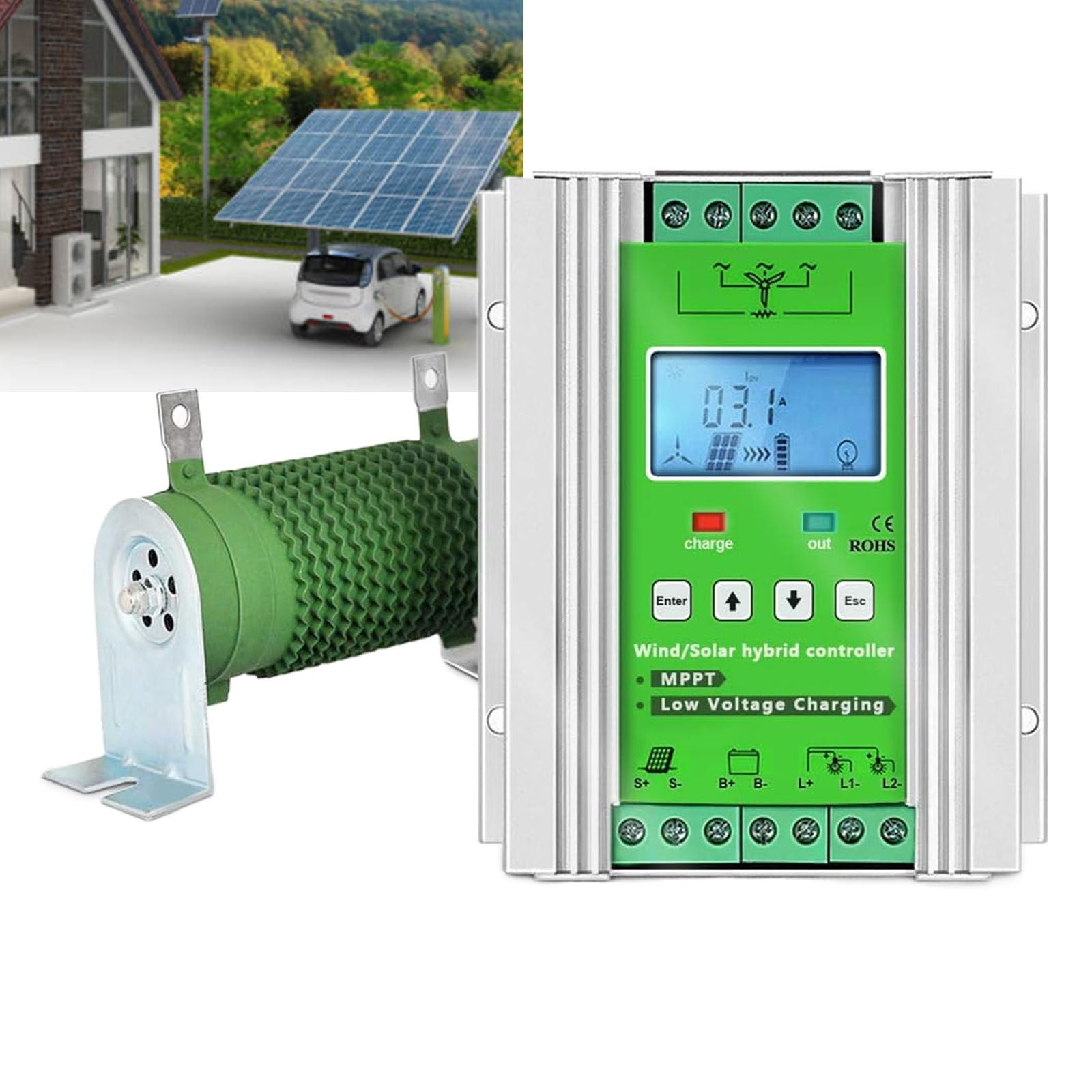 Hybrydowy regulator ładowania MPPT 2000 W, do turbiny wiatrowej 0-1000 W i systemów paneli słonecznych 0-1000 W, kompatybilny z generatorami 12 V i panelami słonecznymi do domowego oświetlenia