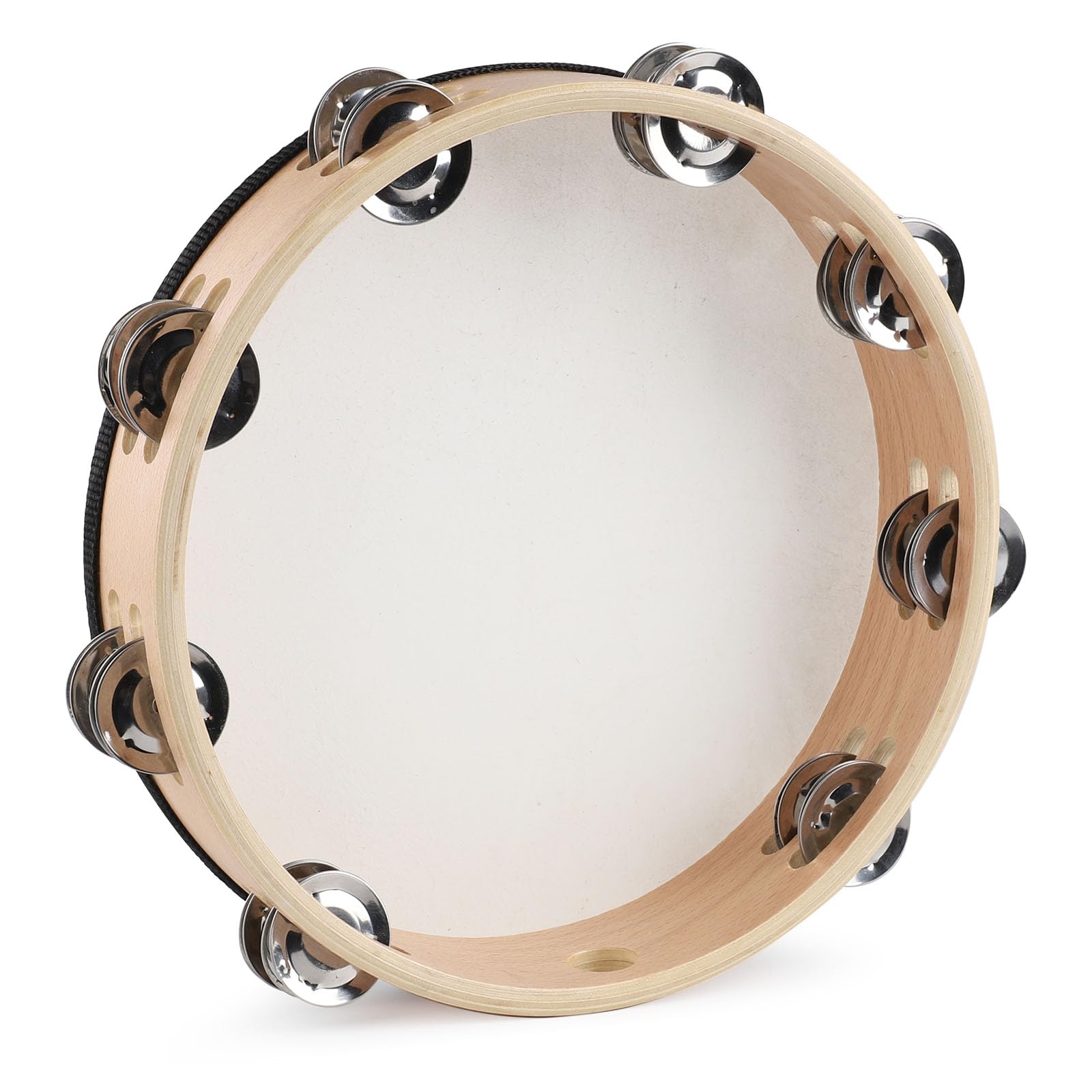 LIEKE Tambourin 25,4 cm et 20,3 cm Peau de chèvre à main pour adultes et enfants avec 8 paires de jingles en métal pour musique, salle de classe, danse, fête, église