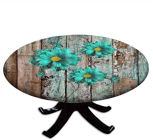 Mantel redondo rústico de granja con bordes elásticos, margaritas de mariposa verde azulado sobre madera gris rural, borde elástico, impermeable y