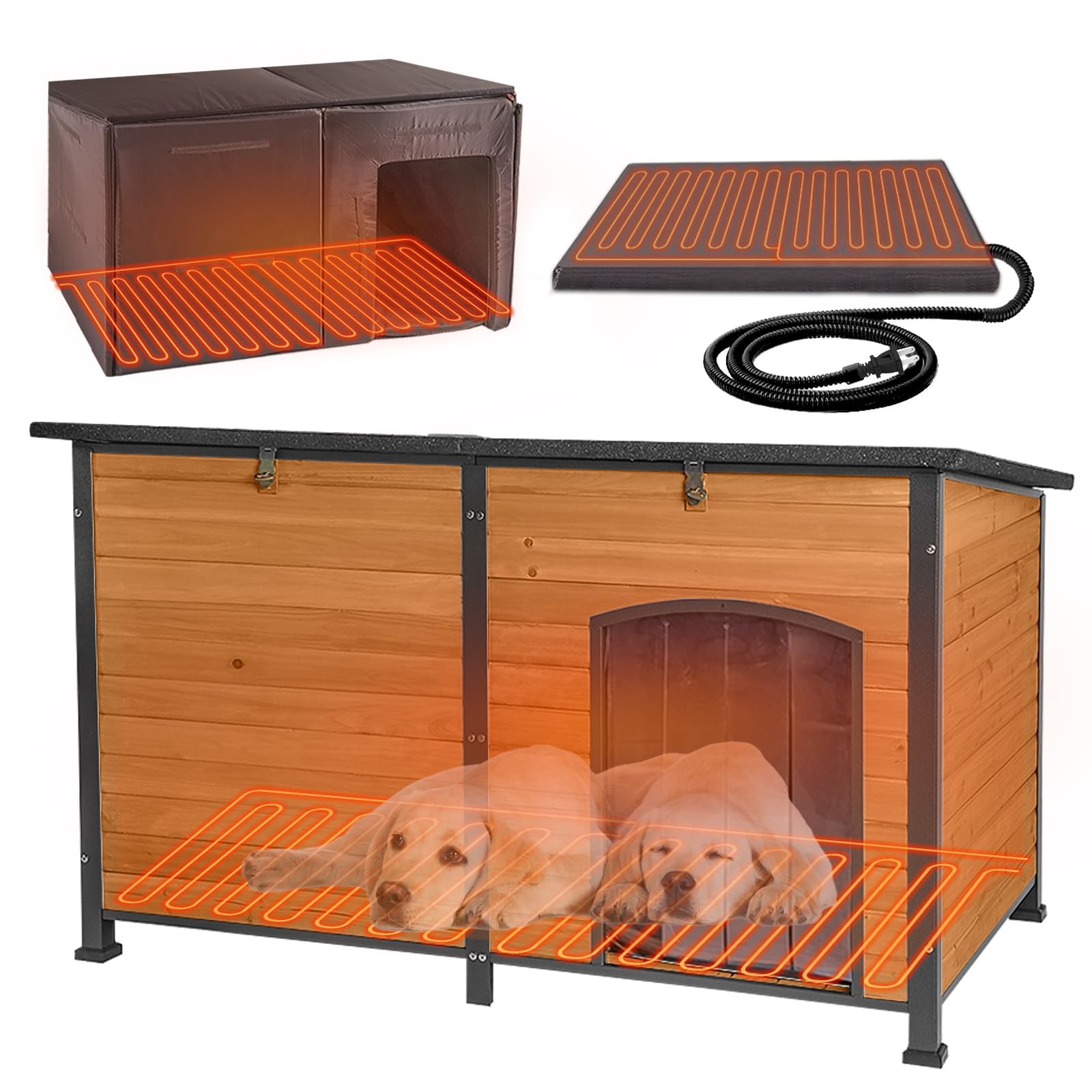 59.1’’ Extra Large Heated Dog House Outdoor for Winter, Insulated Dog Kennel with Metal Frame, Weatherproof Dog Shelter with Heating Pad and All-Around Insulated Liner for Large Breed Outside (Brown)