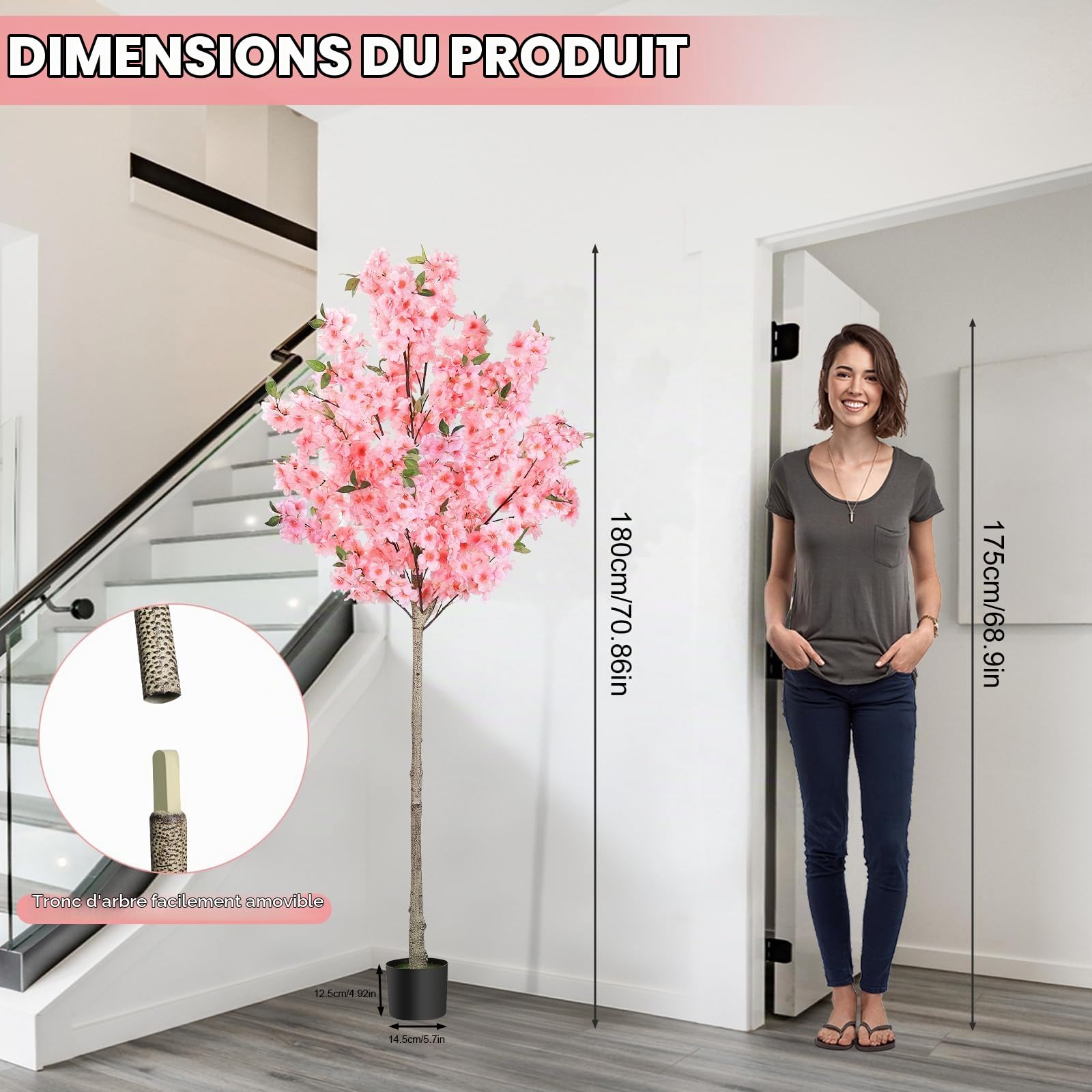 Cerisier Japonais Artificiel Exterieur/Interieur 180cm - Arbre Artificiel Fleuri Haut de Gamme avec Pot en Ciment, Fleurs Artificielles Déco Realistes pour Jardin, Balcon, Salon, Bureau Rose