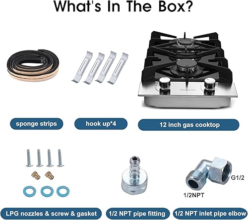 Miniatura 7 de Placa de Cocina de Gas de 2 Quemadores, 30 cm (12 pulgadas) LPG/GN de Doble Combustible Incorporada, Estufa de Gas de Vidrio Templado Negro, Cocina