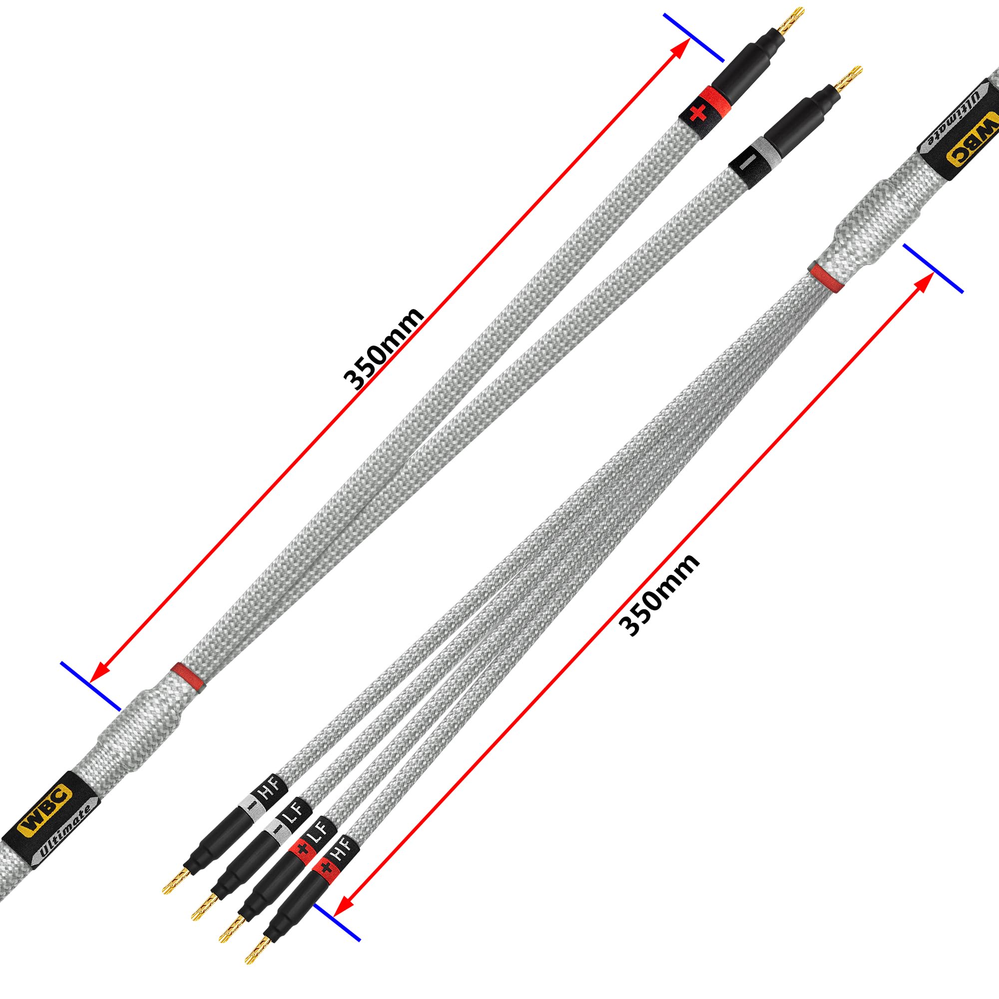 WORLDS BEST CABLES 0,9 metri Ultimate - 9 AWG - OFC ultra-pura - Coppia di cavi per altoparlanti HiFi bi-wire audiofili premium con connettori a banana Eminence Gold e rivestimento in tweed argento