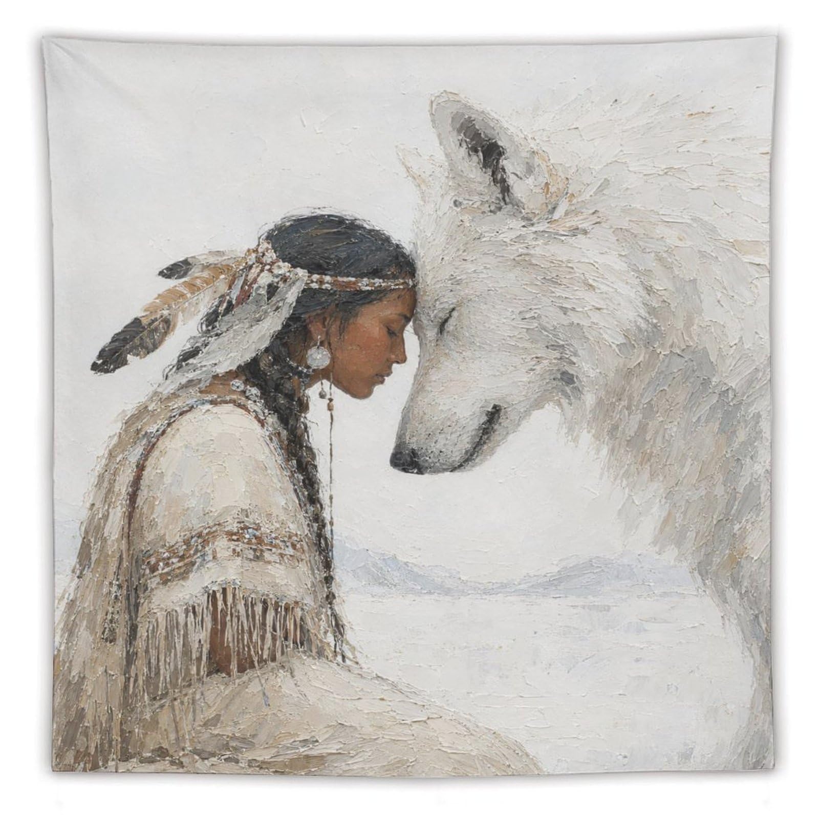 W7C8U2X3 Native Woman with White Wolf Wall Tapestry, Quiet Portrait
