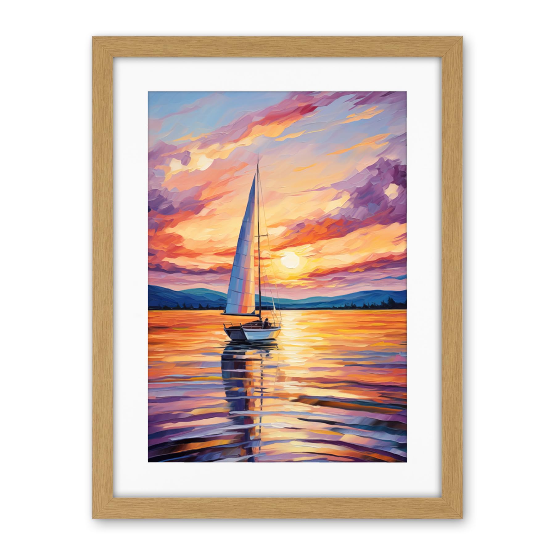 Artery8 Sunset Sailing Vibrant Oil Painting Orange Purple Blue Bathroom Artwork Sail Boat Seascape Artwork Framed Wall Art Print 18X24 Inch