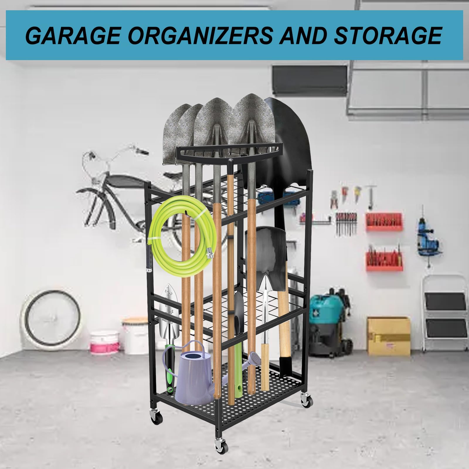 Gartenwerkzeug Organizer 3-stufig,Yard Tool Tower Rack,Garten Werkzeugregal mit 3 Beweglichen Haken & Feststellbaren Rollen,35 Fächer Hof Werkzeughalter für Garage,Schuppen & Terrasse