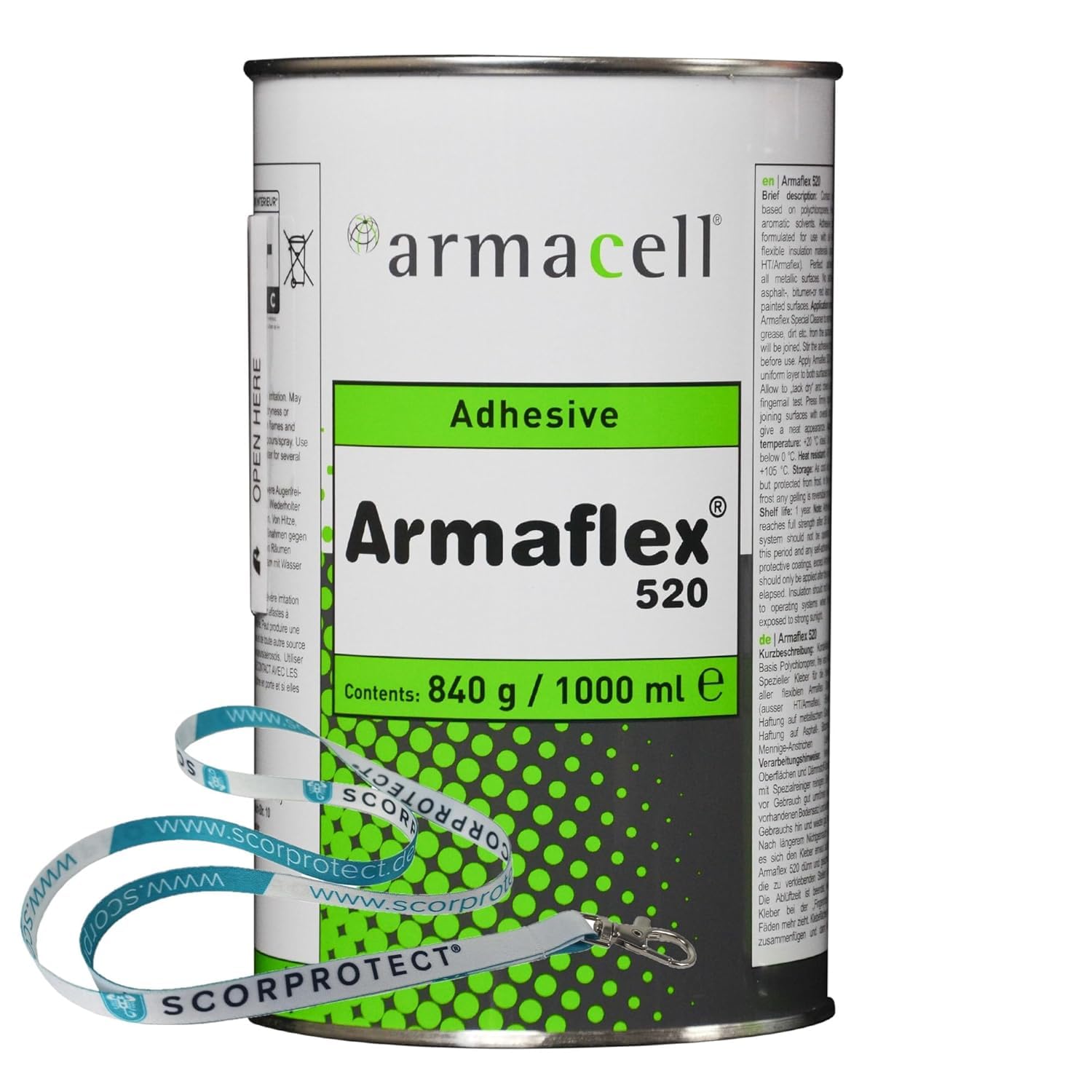 Armaflex Armacell 520 - Adhesivo para placas de caucho y mangueras (lata de 1,0 L, incluye cordón original Scorprotect)