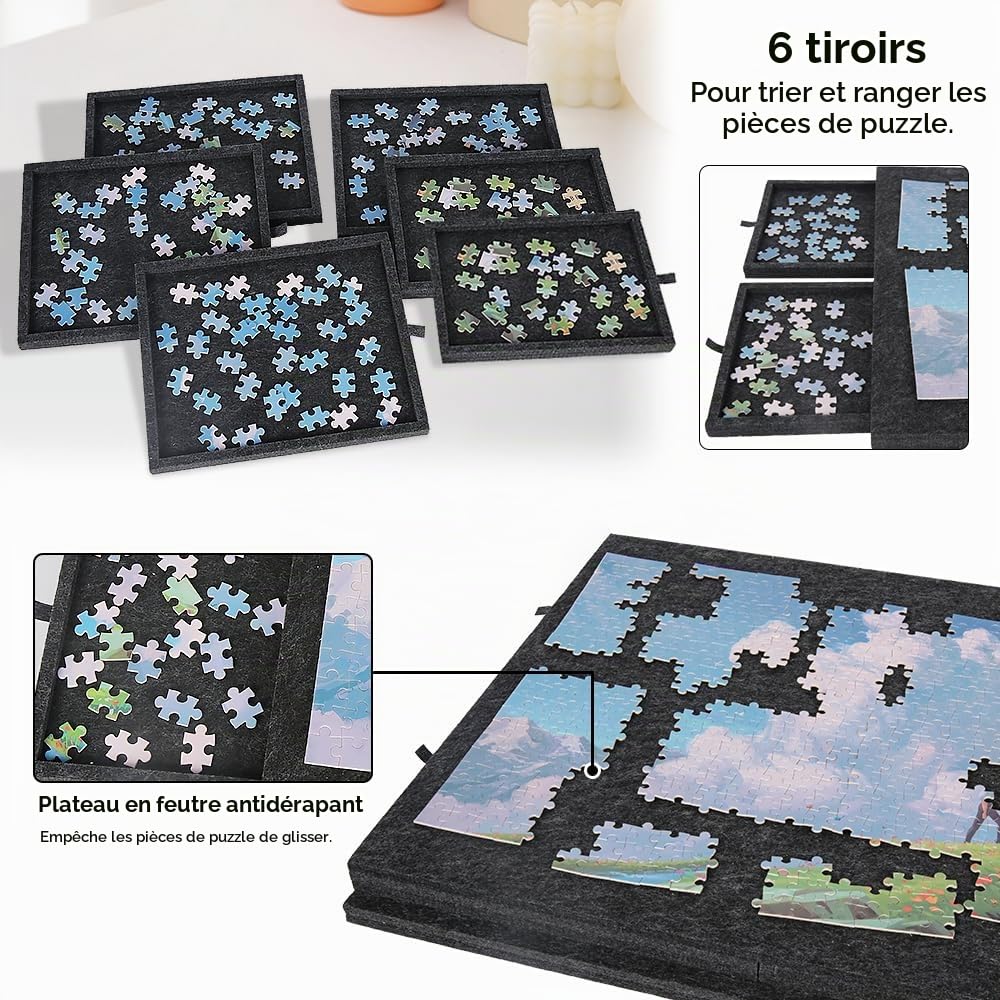 Tapis Puzzle 1000 Pieces en Feutre Léger, Table & Plateau de Puzzle 1000 Pieces avec 6 Tiroirs de Tri, Support Puzzle Inclinable pour Adultes, Accessoires de Puzzle pour Convient à Tous Les âges