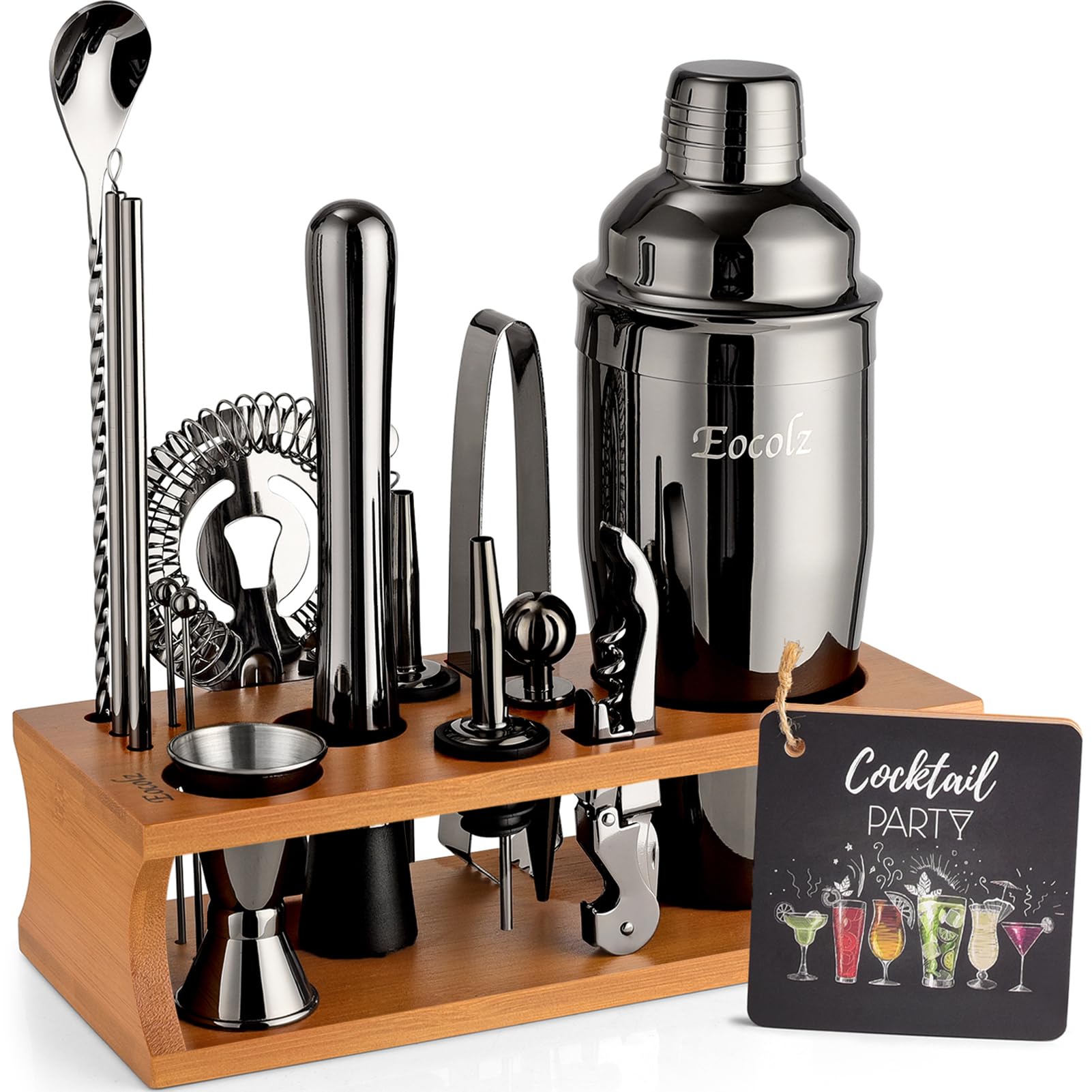 Set shaker per cocktail da barista con supporto, set di strumenti per mescolare bevande, kit da barista domestico Accessori per barista: Martini Shaker, cucchiaio, misurino, pestello, colino, regali