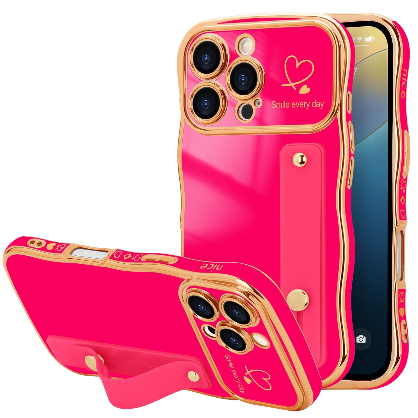 LLZ.COQUE for iPhone 16 Pro Max Case for Women Girls with Strap, Wave Frame Cute Love-Heart Plating Luxury Cover, Raised Full Camera Soft TPU