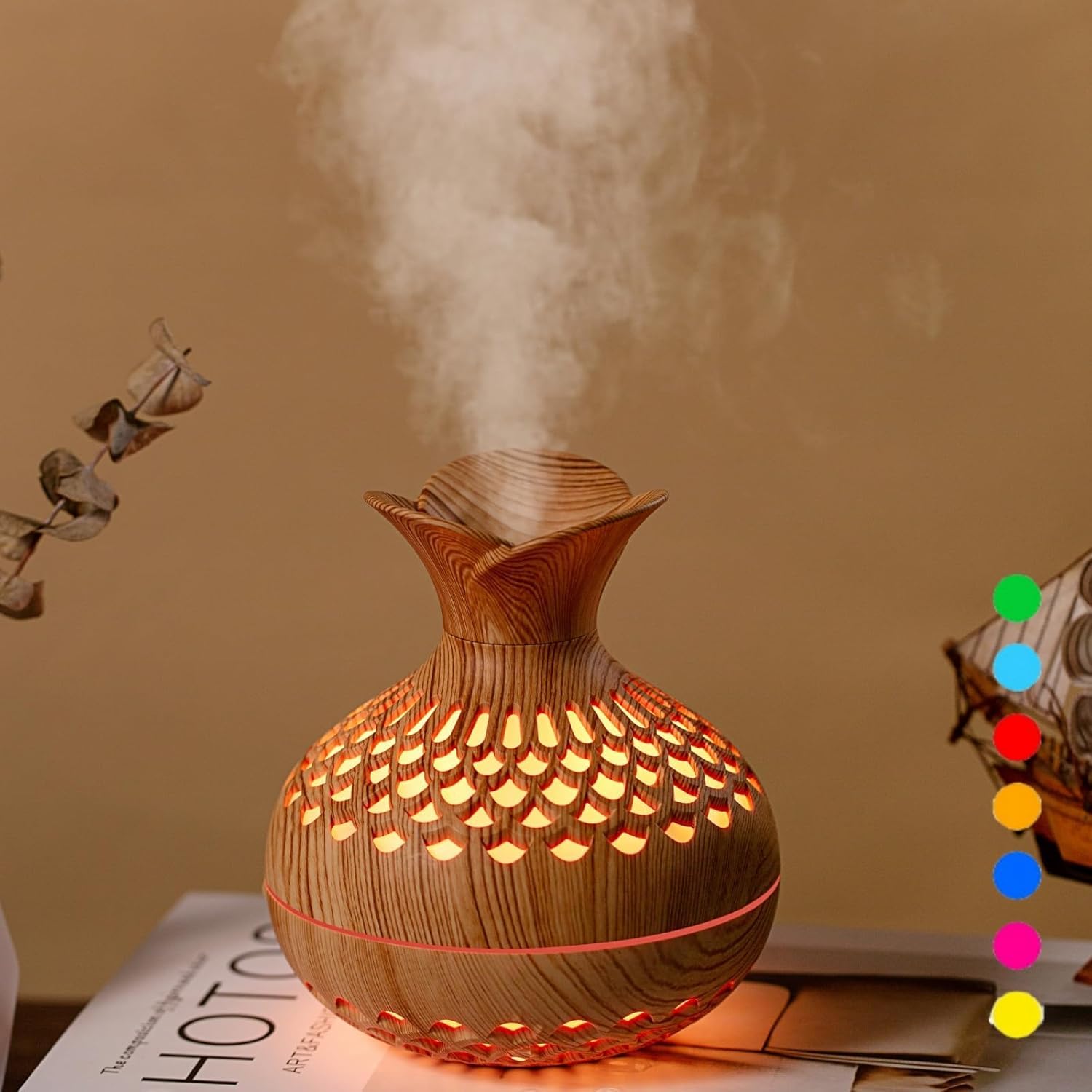 Colorful Cool Mini Flower Shape Humidifier,USB Personal Desktop Humidifier for Car, Office Room, Bedroom,etc. 2 Mist Modes, 7 Colors,Super Quiet (Lightwood)