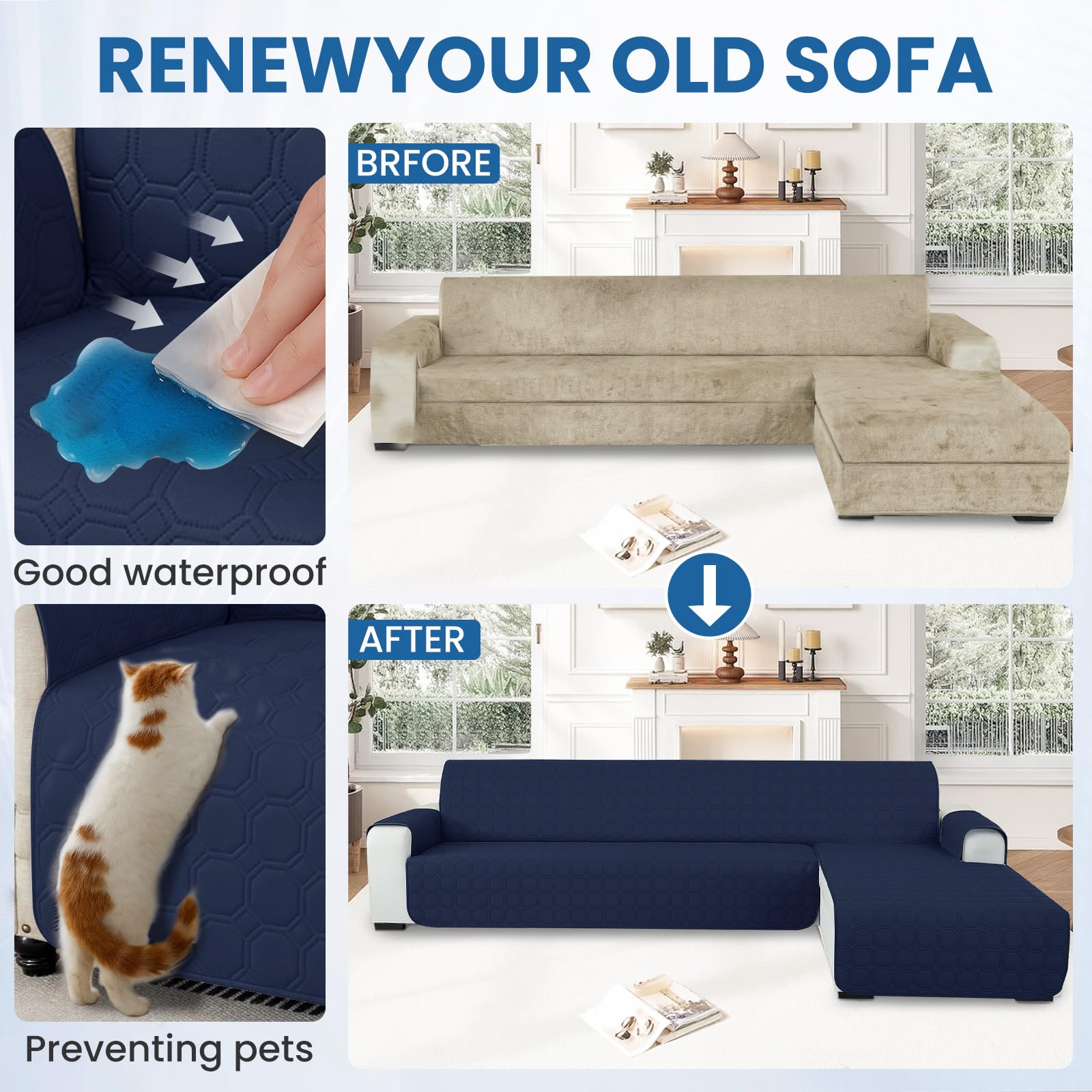 Ystyle Copridivano Impermeabile con Penisola 2 Posti (L 210 CM), Copri Divano Angolare Destra/Sinistra Universale Reversibile, Copridivani Chaise longue Antigraffio Antimacchia, Blu Scuro