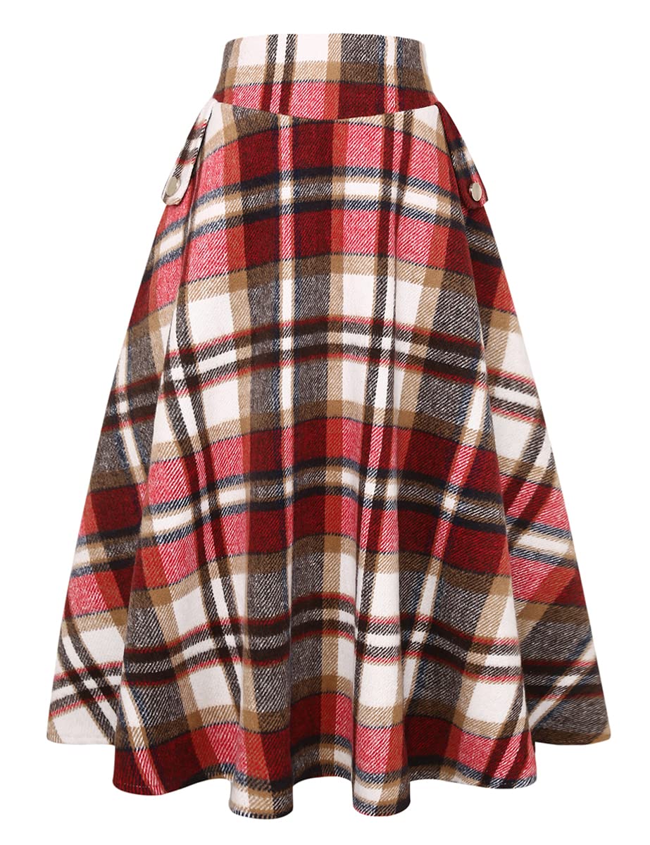 IDEALSANXUN Women’s Fall Winter High Waisted Wool Plaid A-line Long Skirt
