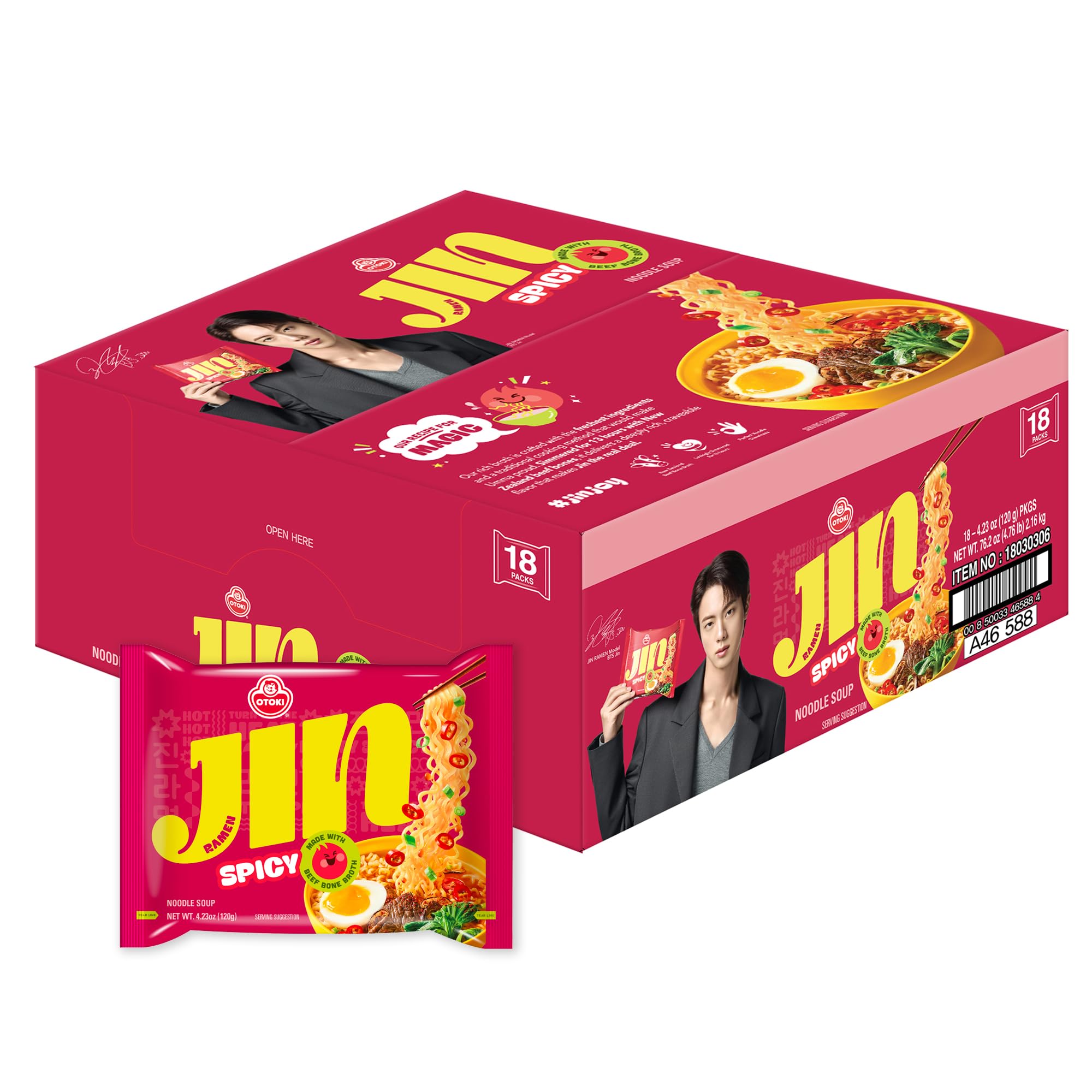 OTOKI Jin Ramen, BTS Jin & JIN RAMEN edition, Authentic Korean Instant Noodles, Rich and Savory Beef Broth, Quick and Easy Meal 4.23 oz x 18 Pack (1 Box) (PACK OF 18, SPICY)