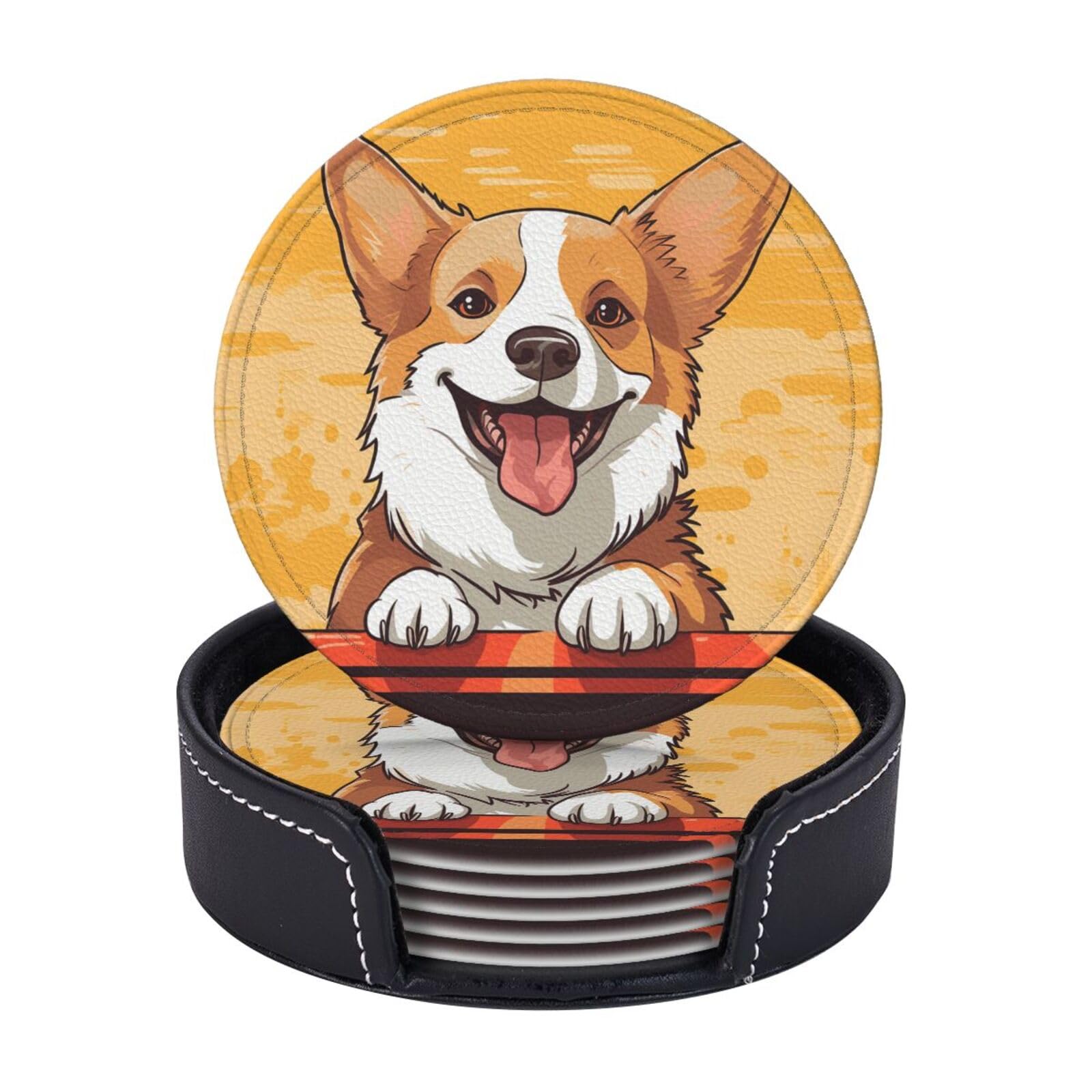 6PCS Drink Coasters with Holder, 4" Leather Coasters for Drinks, Cute Corgi Dog Cup Coasters for Coffee Table Decor, Non-Slip Drinking Cup Mat for Hot or Cold Drink