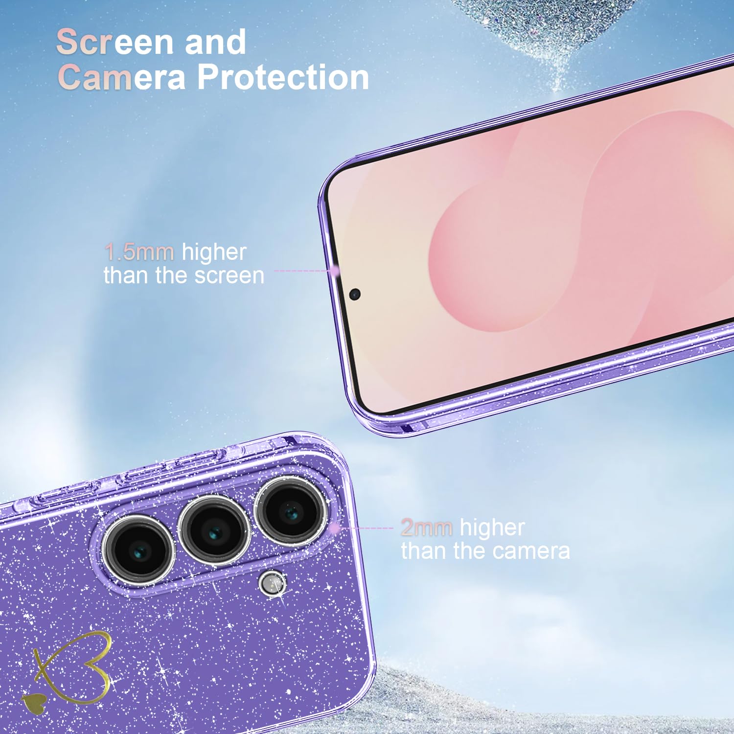 Cover Compatibile con Samsung Galaxy S25 FE 5G ((Non per S25), con 3 Pezzi Vetro Temperato Pellicola Protettiva, Glitter e Antimpronta Custodia, Antigraffio e Morbido Caso - Viola