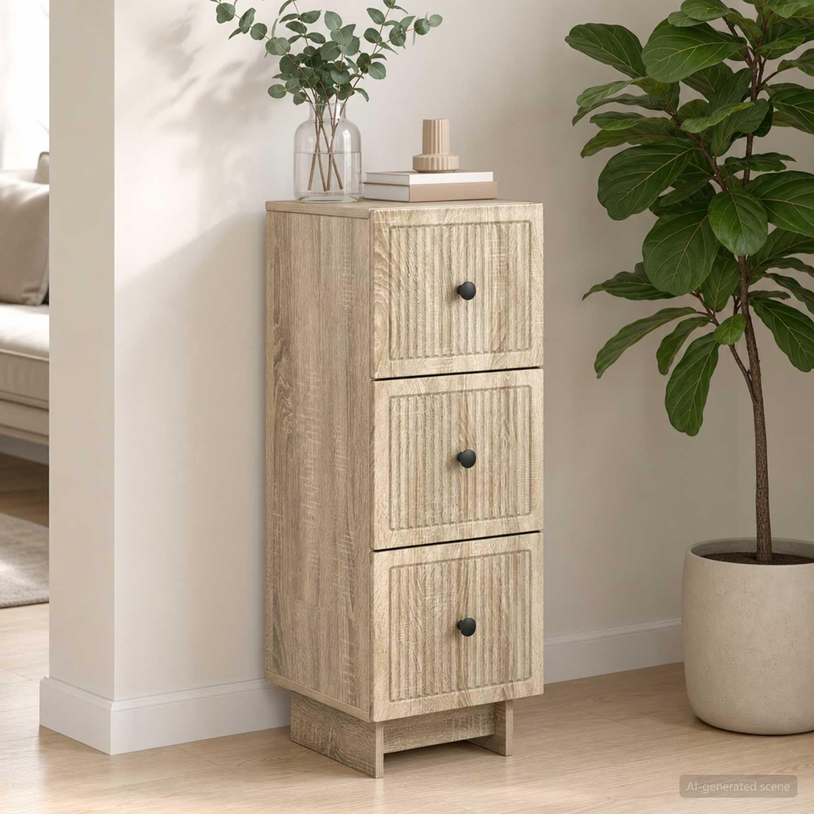 Cajonera de roble Sonoma de madera con 3 cajones amplios para organizar el dormitorio