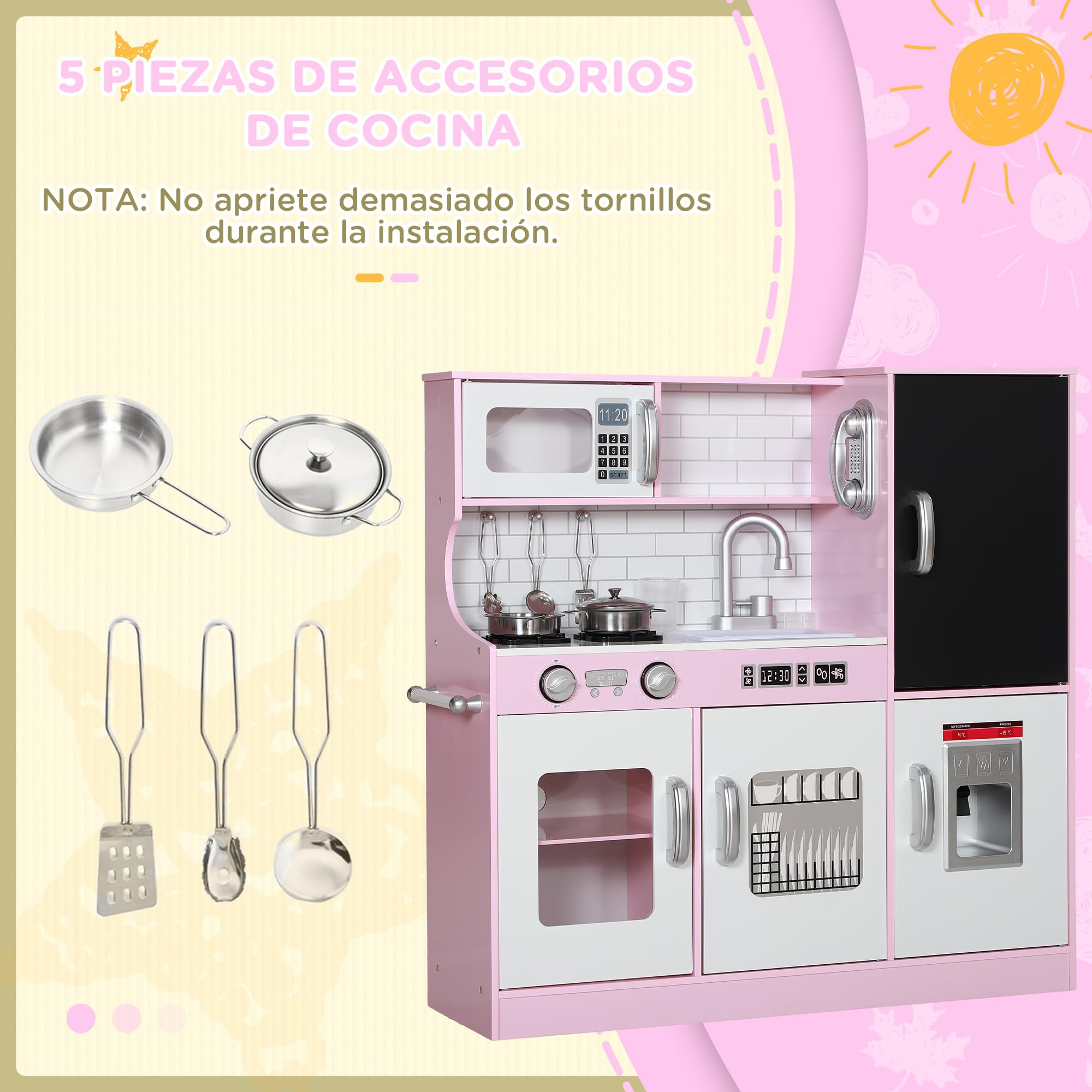 AIYAPLAY Cocina de Juguete Cocina para Niños de +3 Años Cocinita Infantil de Madera con Accesorios para Cocinar Pizarra Máquina de Hielo y Teléfono 83,8x26,8x81 cm Rosa