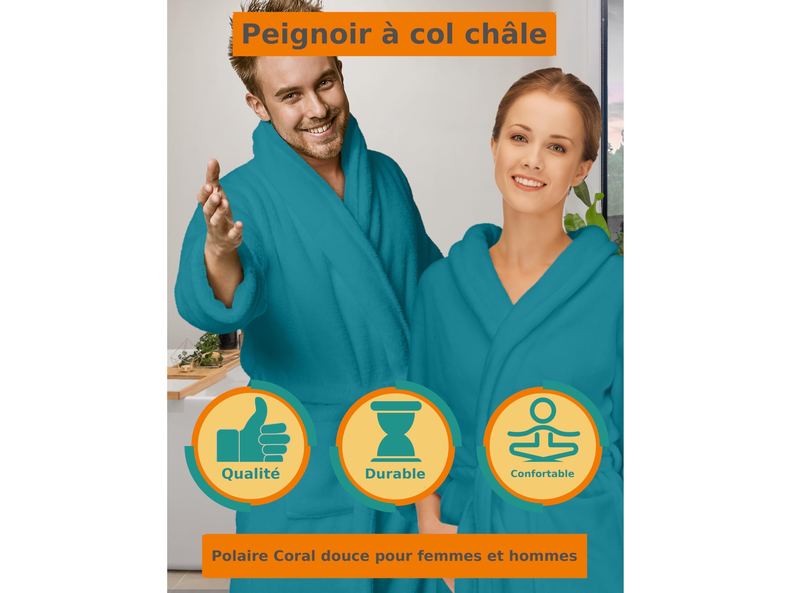 npluseins Peignoir de bain en polaire moelleuse avec col châle – Femme & Homme, XL, Pétrole