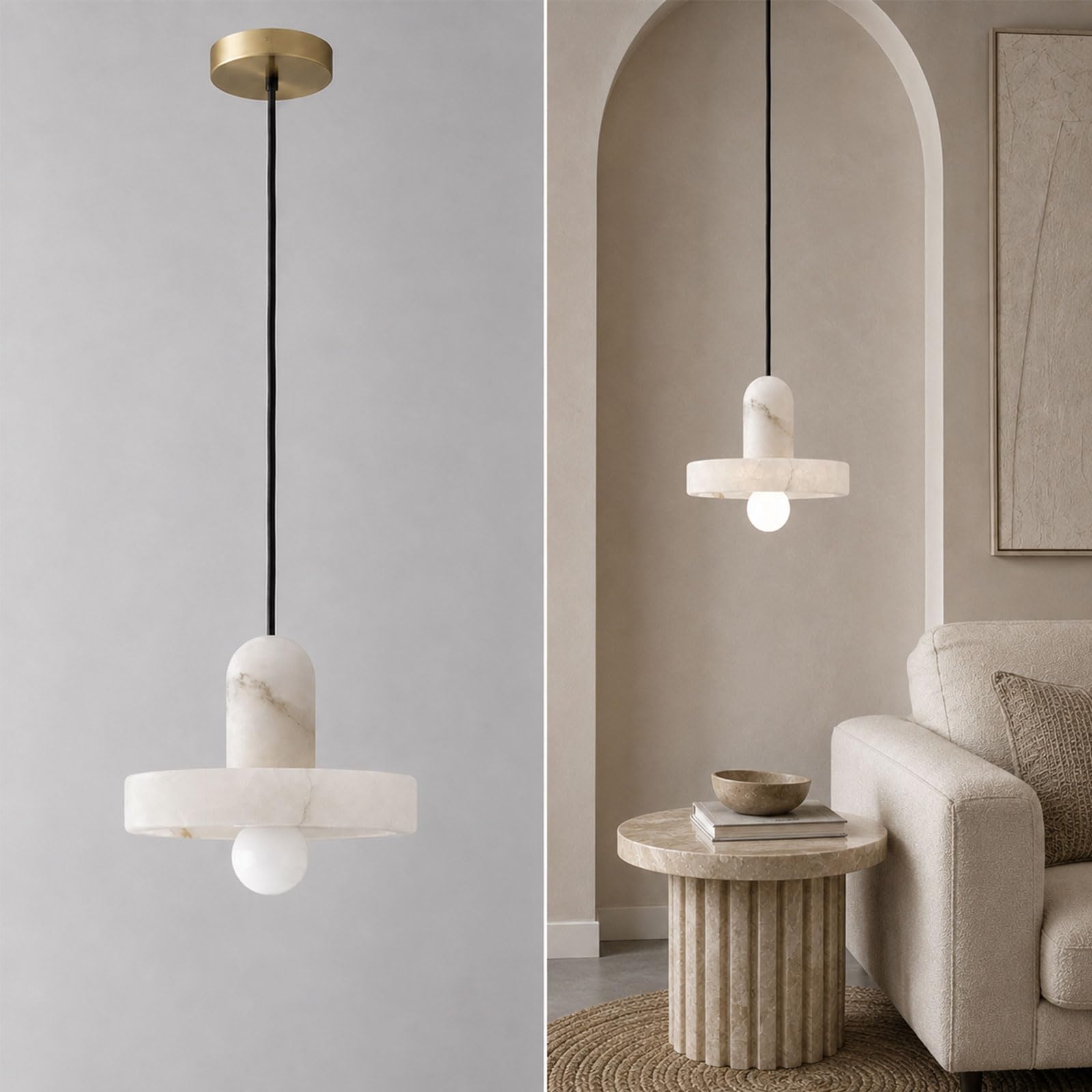 HSLJ1 Natural Alabaster Pendant Light, Brass Canopy, E26/E27 Fixture