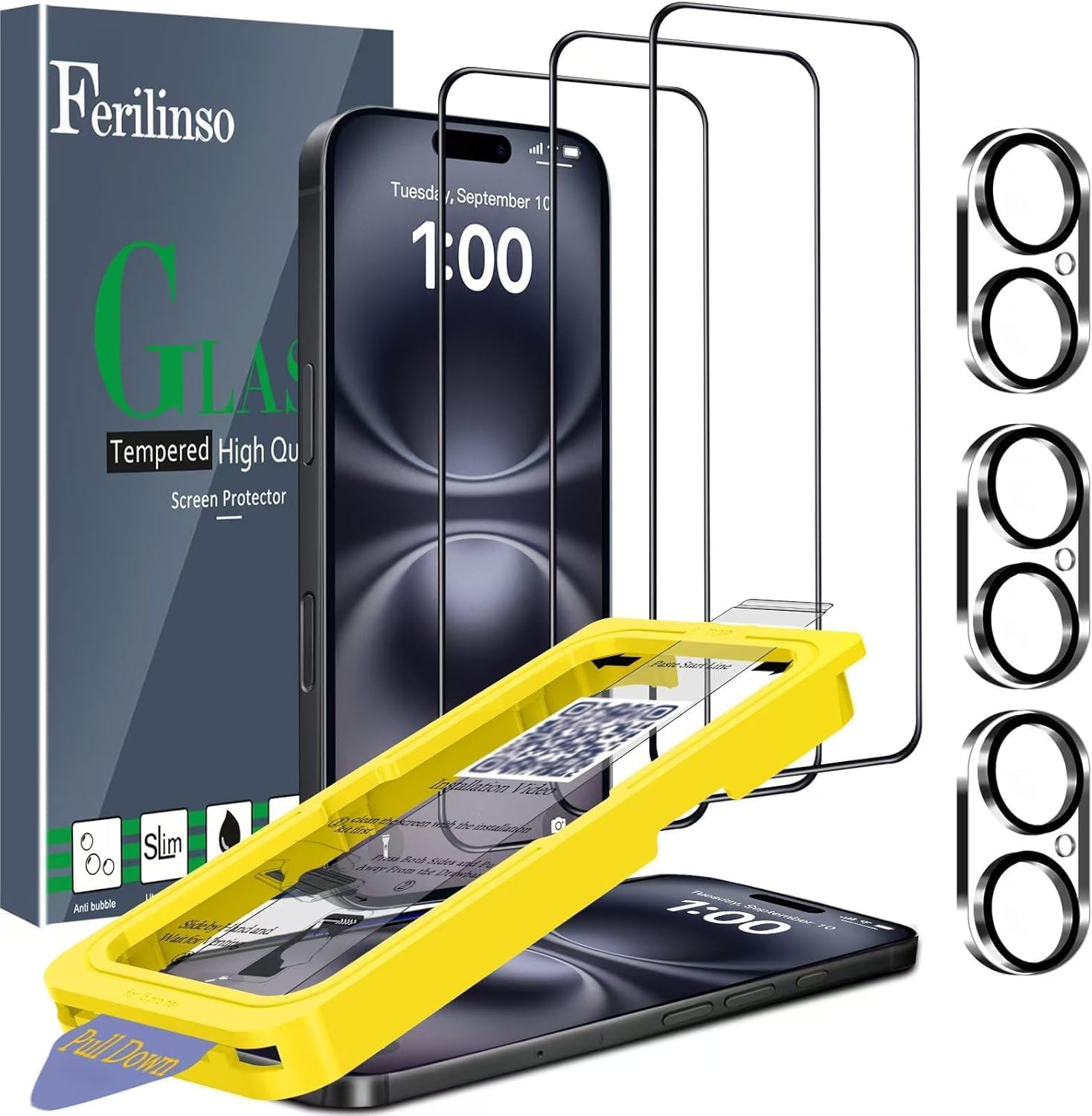 Ferilinso Screen Protector for iPhone 16, Tempered Glass, Case Friendly