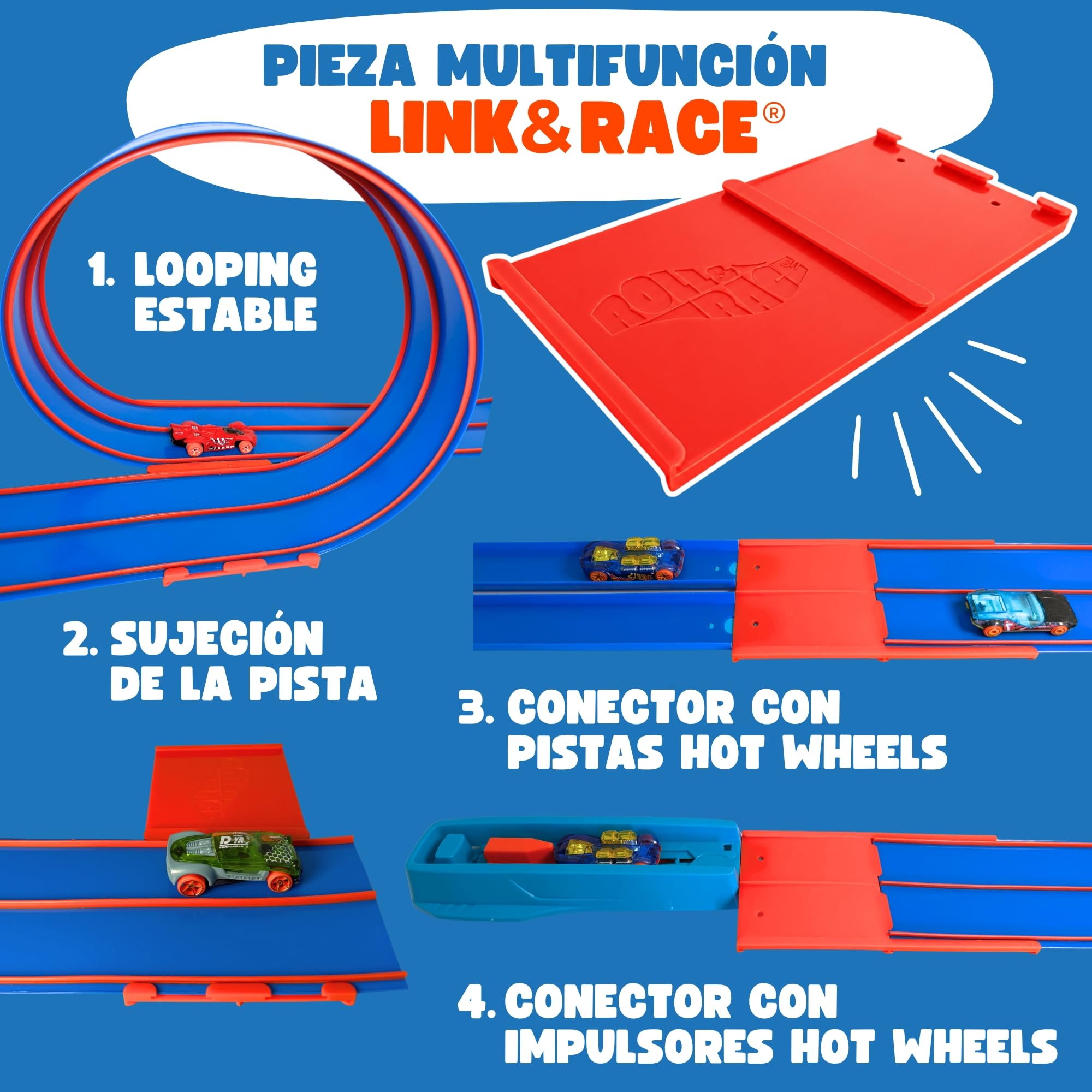 Roll&Race Pista de Coches Flexible y Enrollable 400cm – Fabricado en España - Circuito de Carreras de Goma - Flexible Car Track - Juguete Regalo Niño - Race Cars Wheels - Incluye Pieza Link&Race