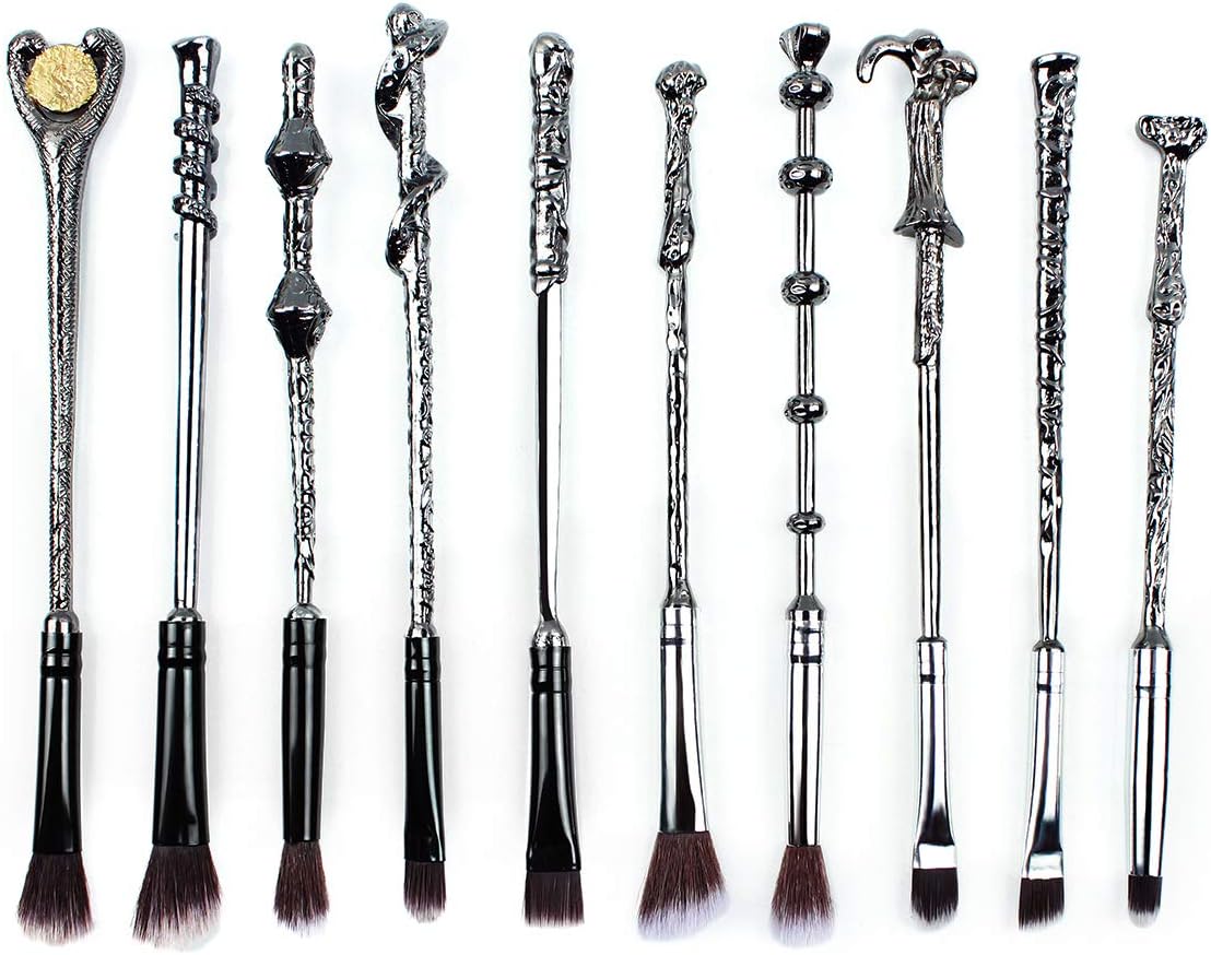 (Wizard (10 Brushes)) - 10 Magical Themed Wizard Wand Makeup Brushes, Metal, Extra Durable, Soft Brushes