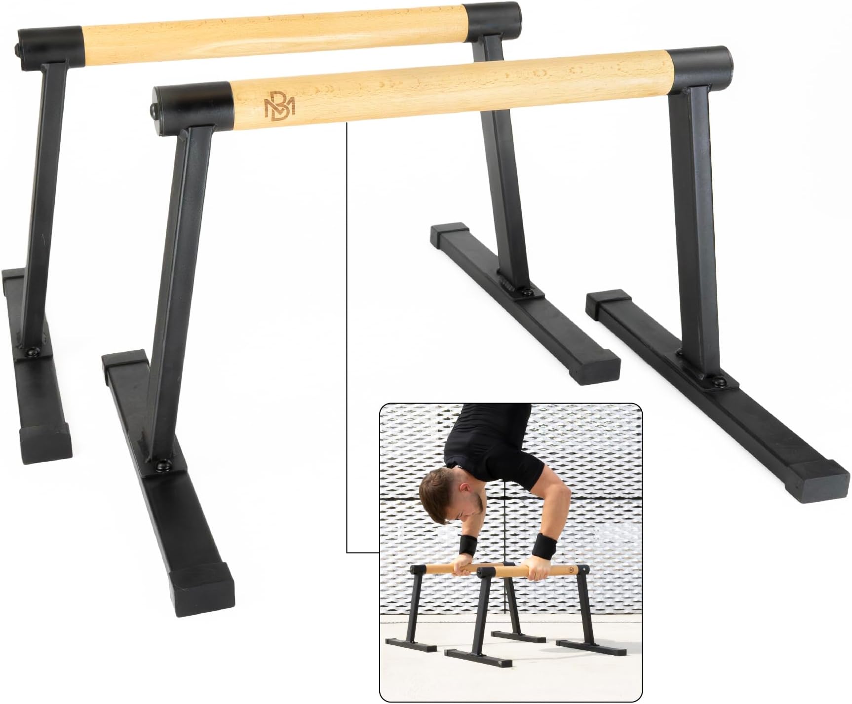 Parallettes Wood Including Wrist Bandages, Premium Gymnastics and Calisthenics Equipment for Indoor and Outdoor Use, Non-Slip Push-Up Grips, Dip Bar Strength Training, Handstand Bars,