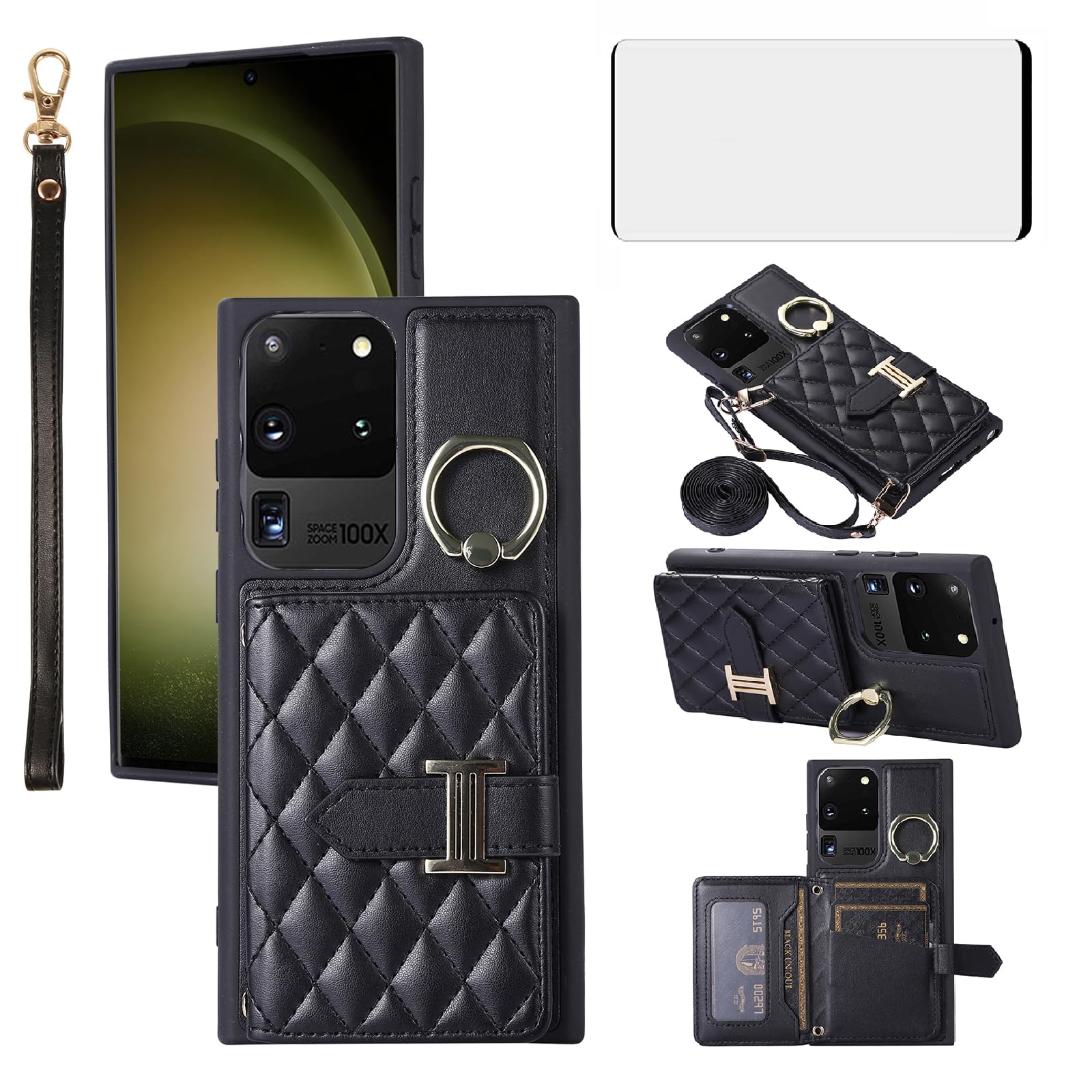 Phone Case for Samsung Galaxy S20 Ultra 5G Wallet Cover with Screen Protector and Ring Stand Credit Card Holder Slot Crossbody Strap Cell S20ultra 20S S 20 A20 S2O 20ultra G5 Women Girls Men Black