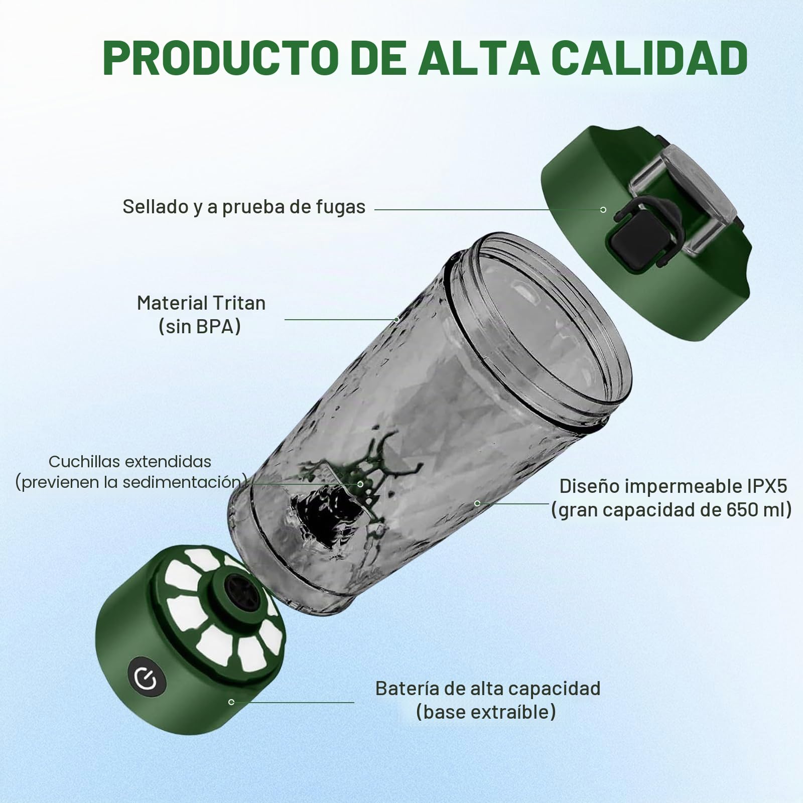 MeYuxg Coctelera eléctrica de proteínas, 650 ml, inalámbrico, con función de mezcla, vaso mezclador automático con depósito de polvo y cepillo de limpieza, para deportes, fitness y viajes verde