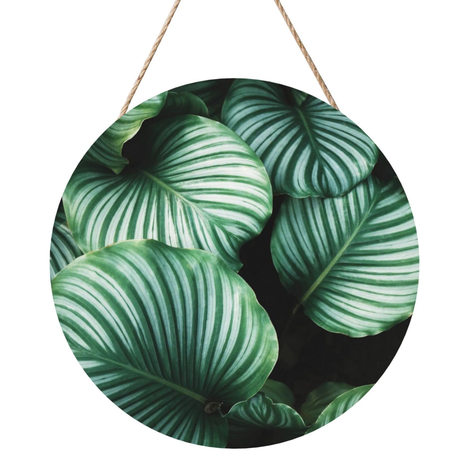InOmak Green Tropical Plant Leaves Printed, Round Wood Panel Painting 12 in, Wall Hanging Painting For Home