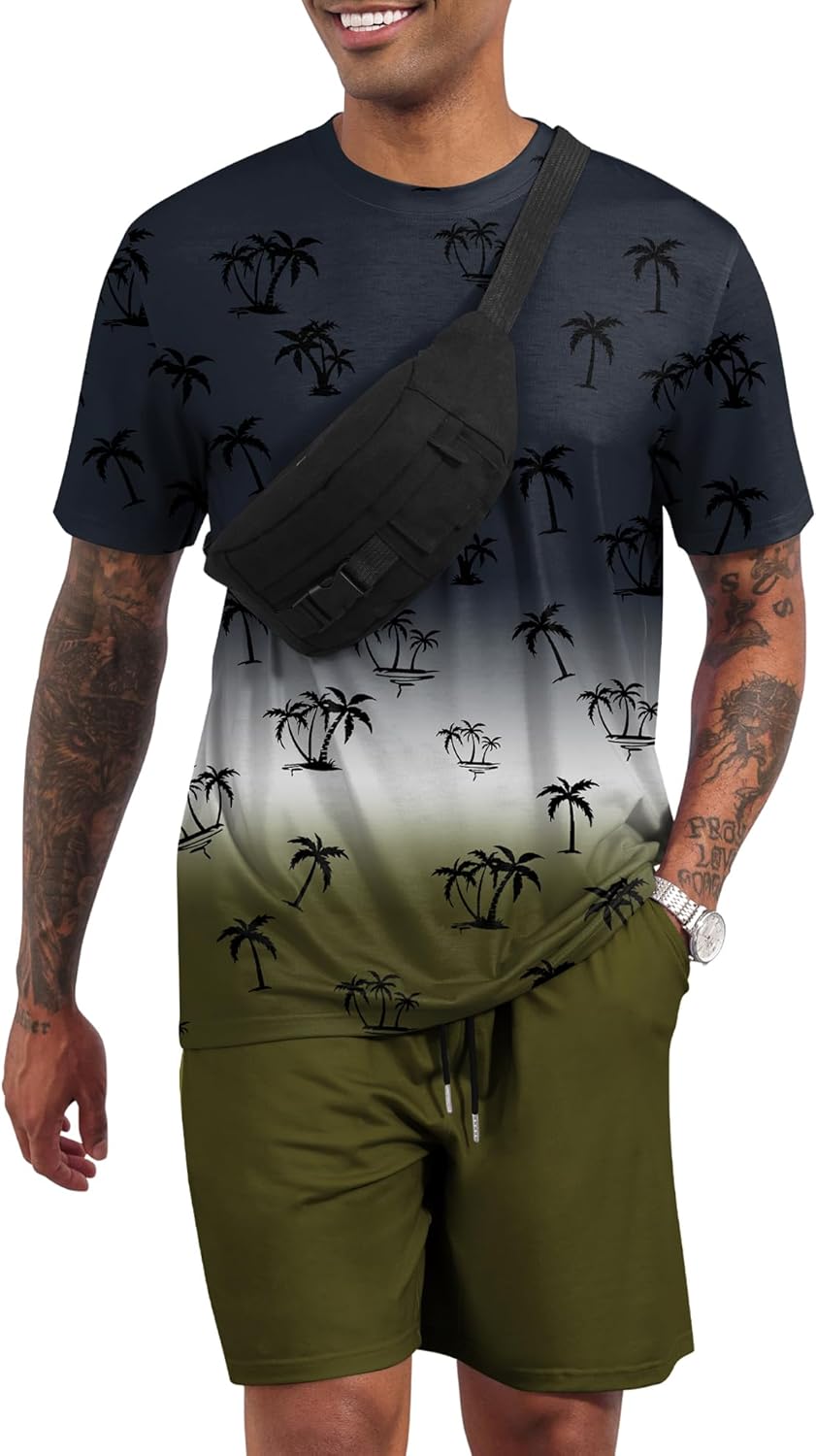 LecGee Men's 2 Piece Short Sleeve Tracksuit Tropical Graphic T Shirt Hawaiian Tee Solid Shorts Set Summer Casual Outfits - Image 2