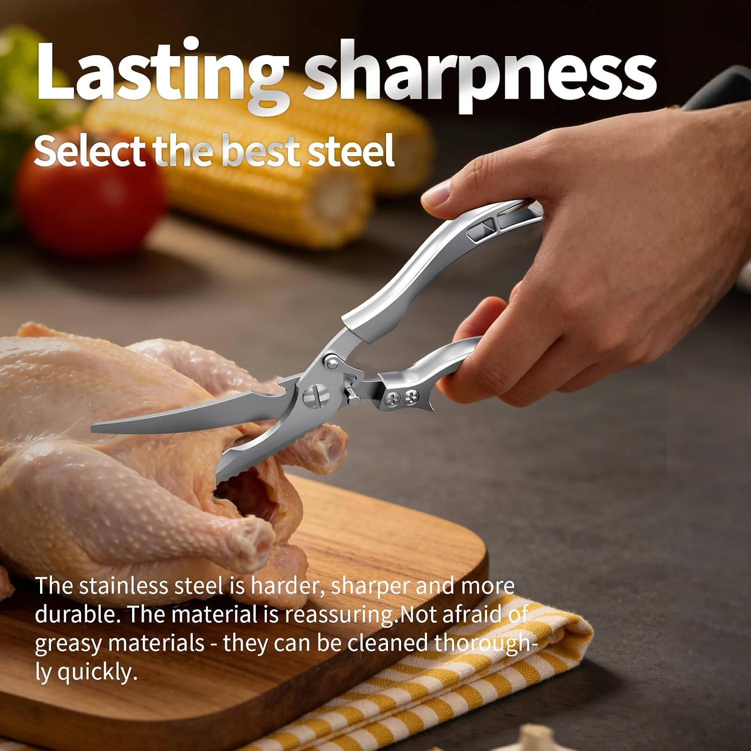 Heavy Duty Stainless Steel Kitchen Scissors, Multi-functional Poultry Shears, Ultra Sharp Easy to Clean Meat Scissors for Chicken, Bone, Meat, Fish, Vegetables & Fruits (A)