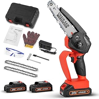 Mini Chainsaw 6-Inch Cordless，HanQi Battery Powered Handheld Chain Saw with 2 Large Capacity Battery and 2 Chains,Electric Small Chainsaw for Wood Cutting Tree Trimming